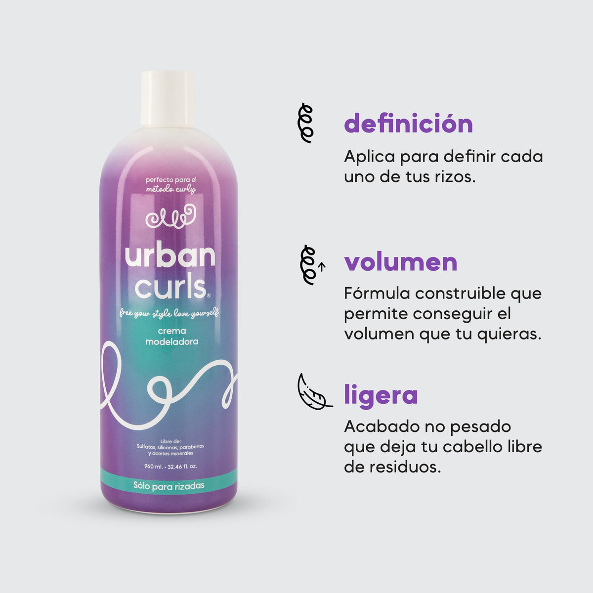 URBAN CURLS Crema Modeladora 960 ml para Cabello Rizado – Definir y Peinar Rizos – Hidratación, Control de Frizz y Suavidad – Sin Sulfatos, Parabenos, Siliconas ni Aceites Minerales – Ingredientes 100% Naturales y Orgánicos