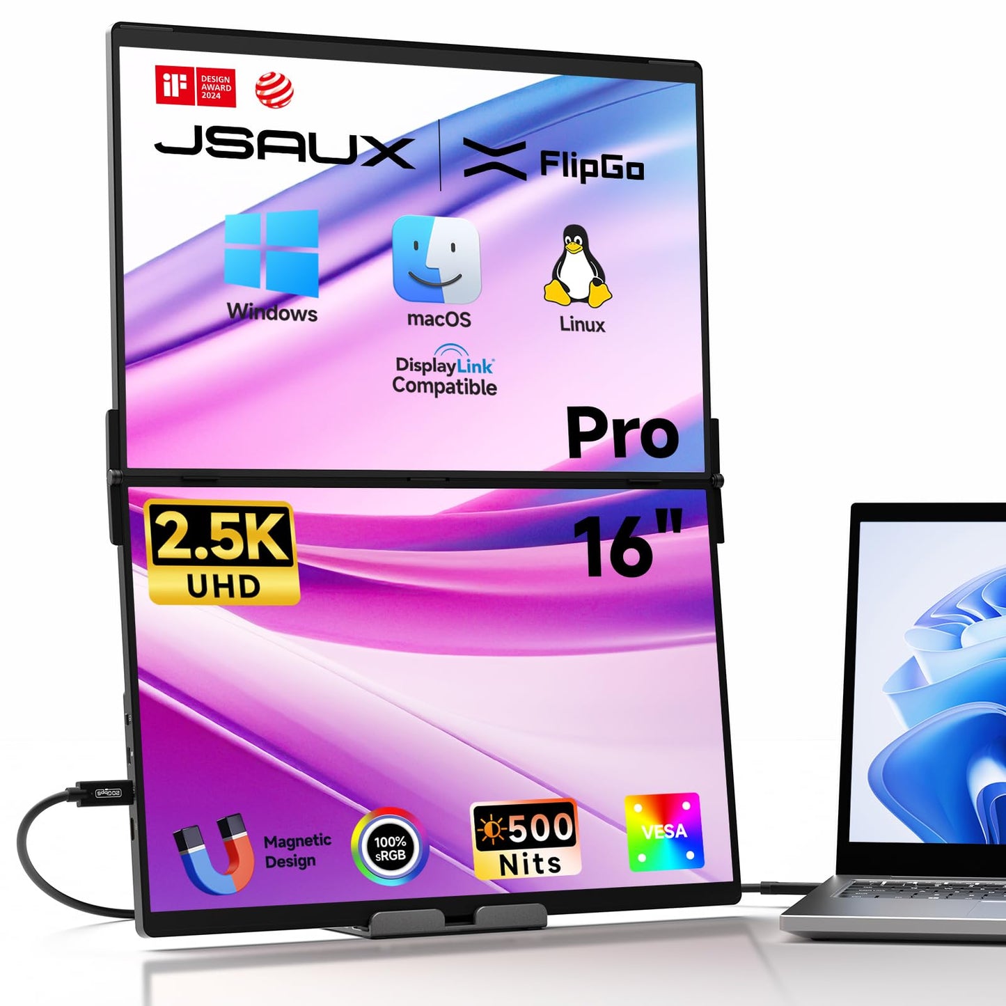 JSAUX FlipGo 16" Pro Monitor Portátil de Doble Pantalla 2.5K, Extensor de Triple Pantalla para Portátiles/DisplayLink/Un Cable para Doble Pantalla IPS/Diseño Magnético para Windows, Linux, MacOS.