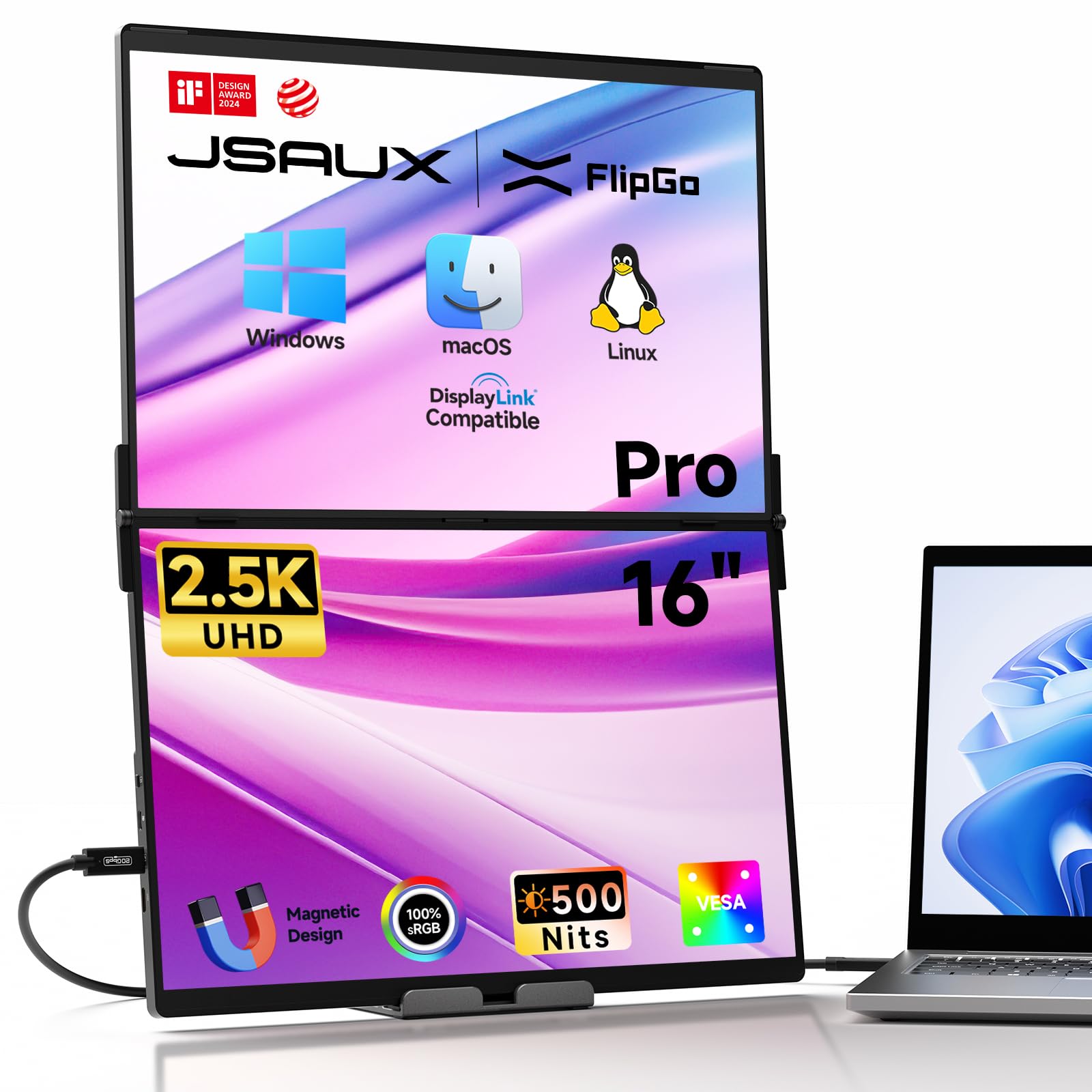 JSAUX FlipGo 16" Pro Monitor Portátil de Doble Pantalla 2.5K, Extensor de Triple Pantalla para Portátiles/DisplayLink/Un Cable para Doble Pantalla IPS/Diseño Magnético para Windows, Linux, MacOS.