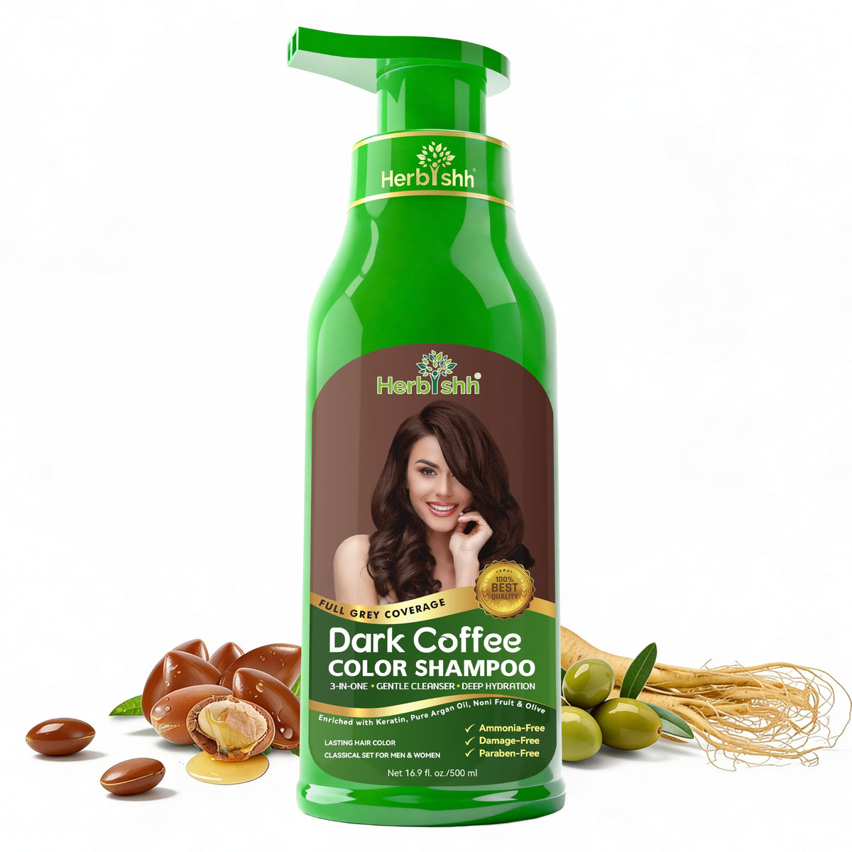 Herbishh Shampoo Color para Cabello Gris Natural - Dura Hasta 3-4 Semanas 500ml - Color de Cabello 3 en 1 Sin Amoniaco | Herbishh (Café Oscuro)