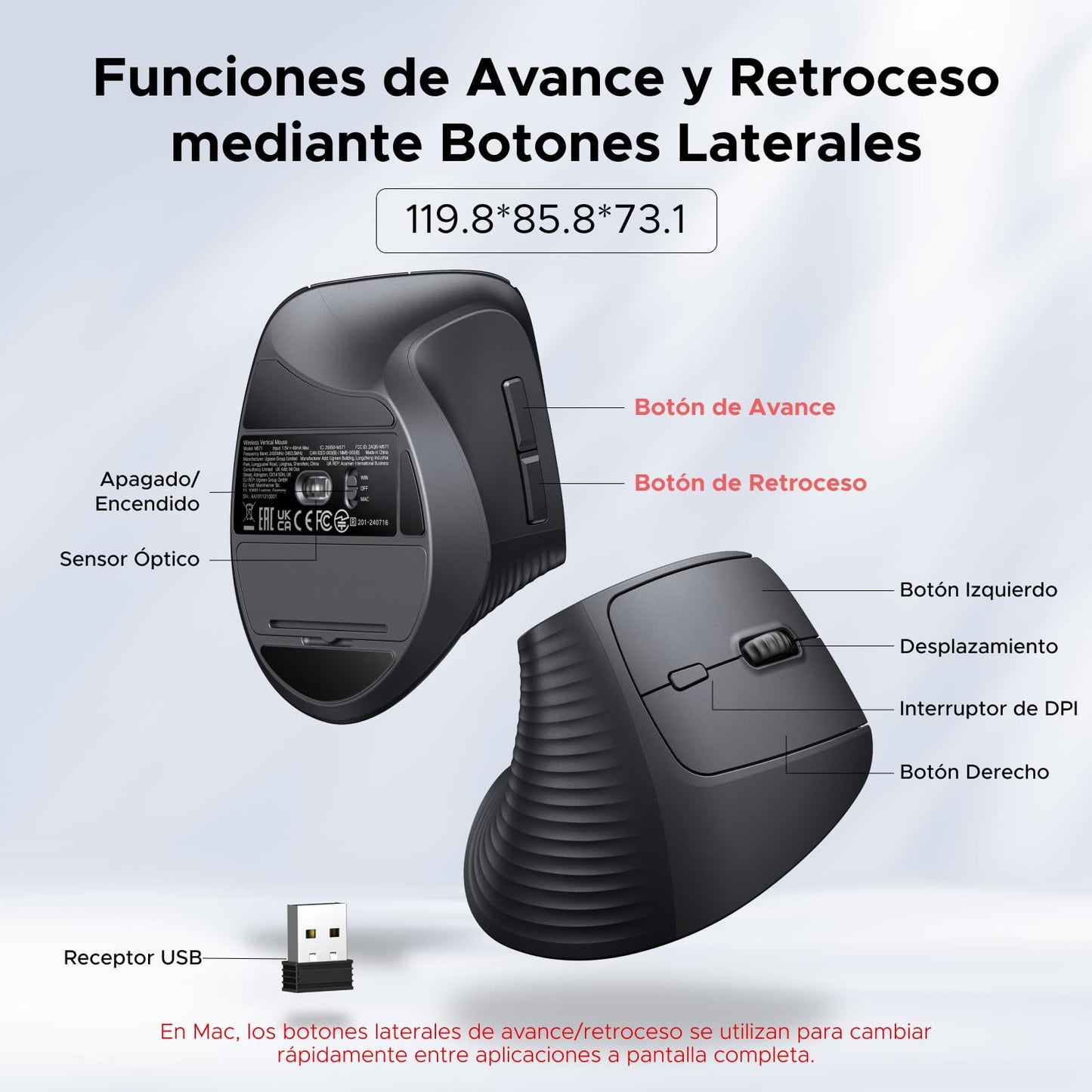 Ratón Vertical Ergonómico UGREEN Negro con Conectividad 2.4Ghz y 6 Botones Silenciosos