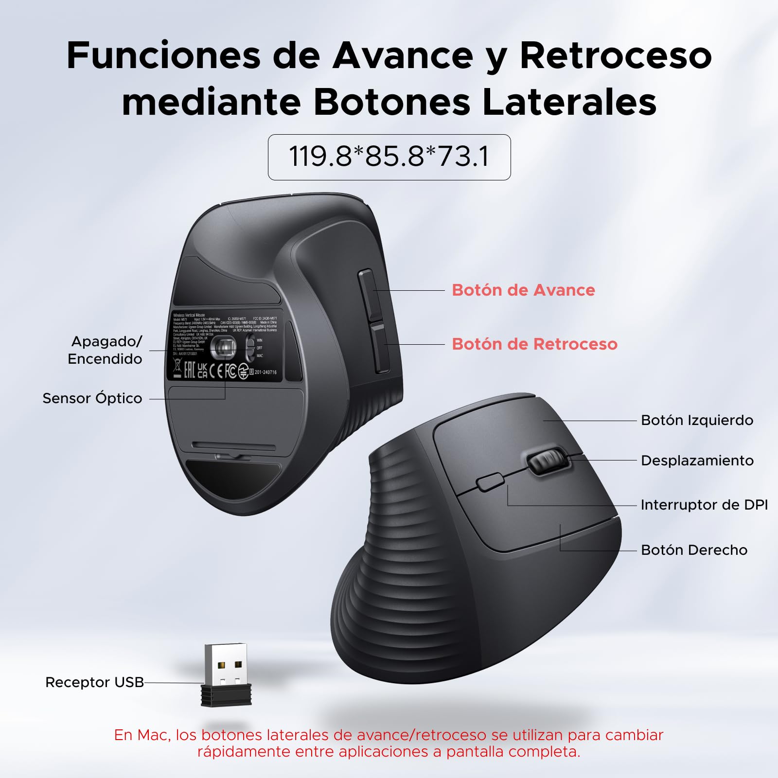 Ratón Vertical Ergonómico UGREEN Negro con Conectividad 2.4Ghz y 6 Botones Silenciosos