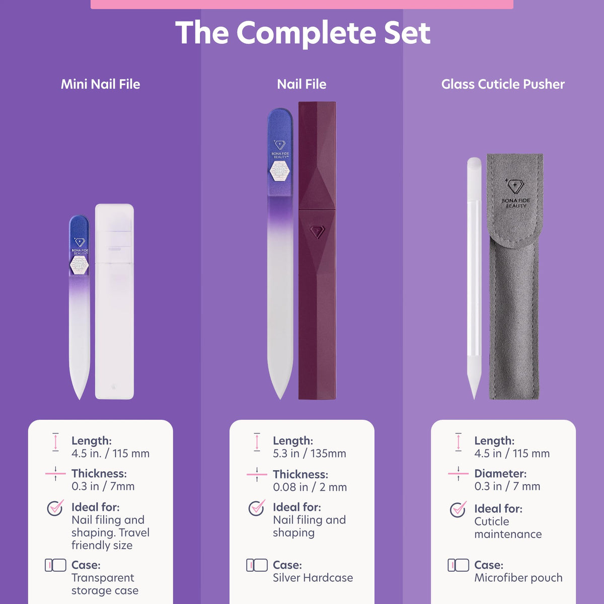 Bona Fide Beauty Crystal Nail Files - 3 Piece Violet Genuine Czech Glass Nail Files with Cases - Best Nail Files for Nail Care & Nail Art - Great Manicure & Pedicure Glass Fingernail Files