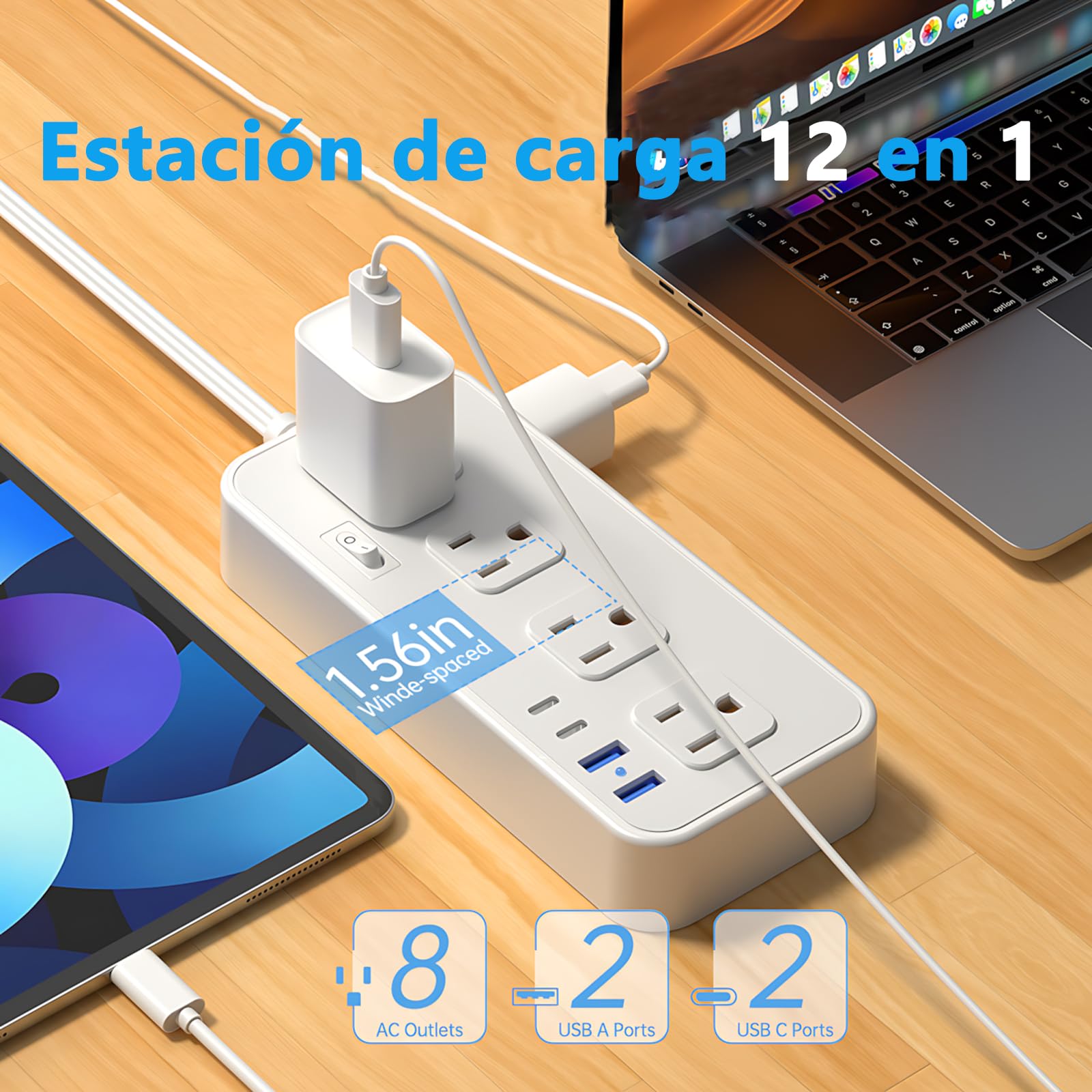 Multicontacto SSOUILI Multifunional Blanco con Protector de Sobretensión para Oficina en Casa