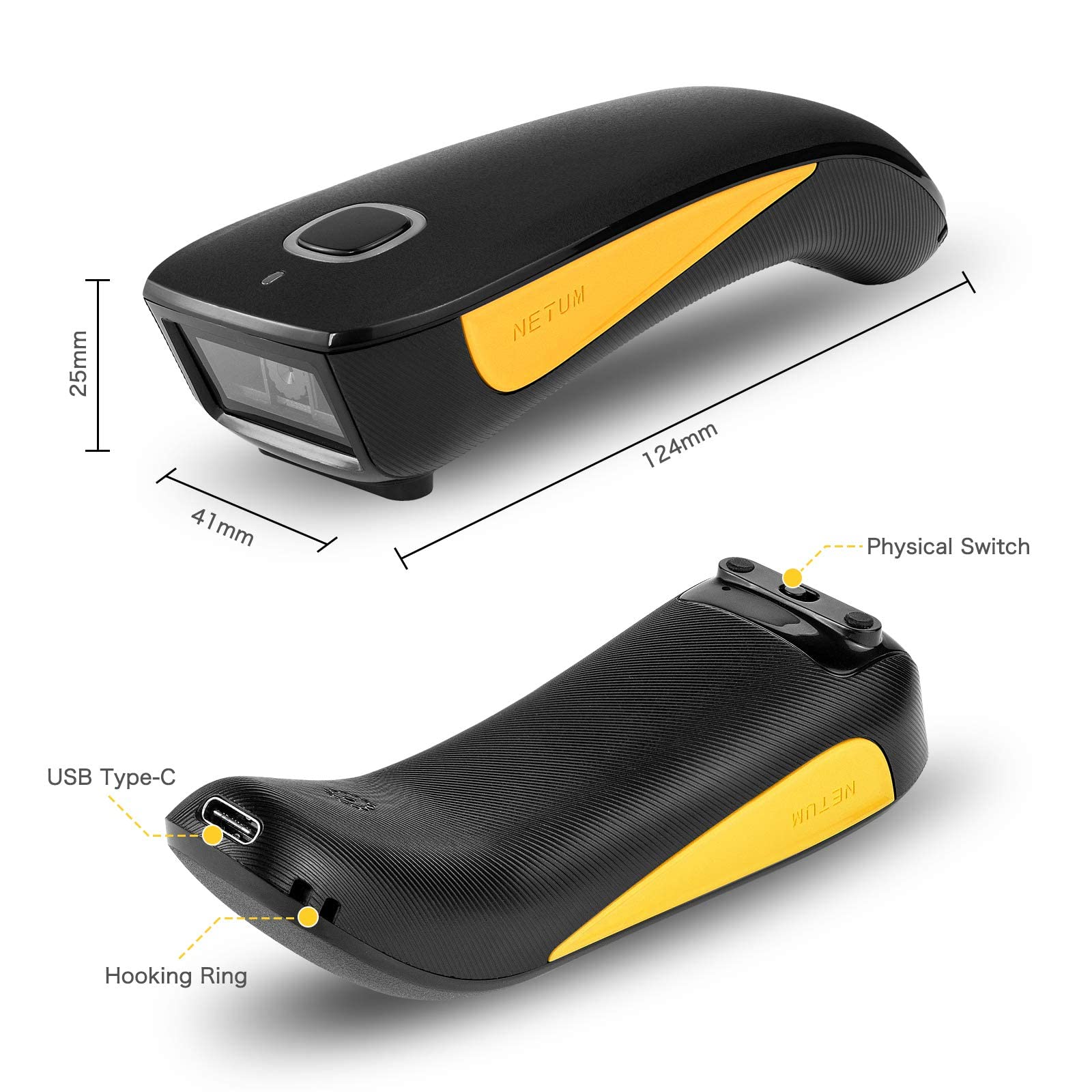 NETUM Escáner de código QR, mini escáner de código de barras compatible con Bluetooth, pequeño escáner portátil USB 1D 2D de código de barras para inventario, lector de imágenes inalámbrico 2.4G para