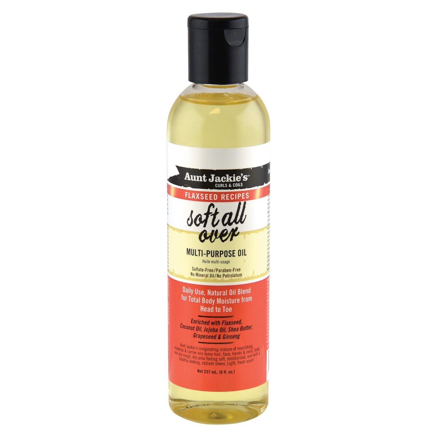 Aunt Jackie's Flaxseed Recipes Soft All Over, Multi-Use Oil for Hair and Body, Enriched with Flaxseed, Avocado, Coconut Oil and Marshmallow Root, 8 Ounce Bottle