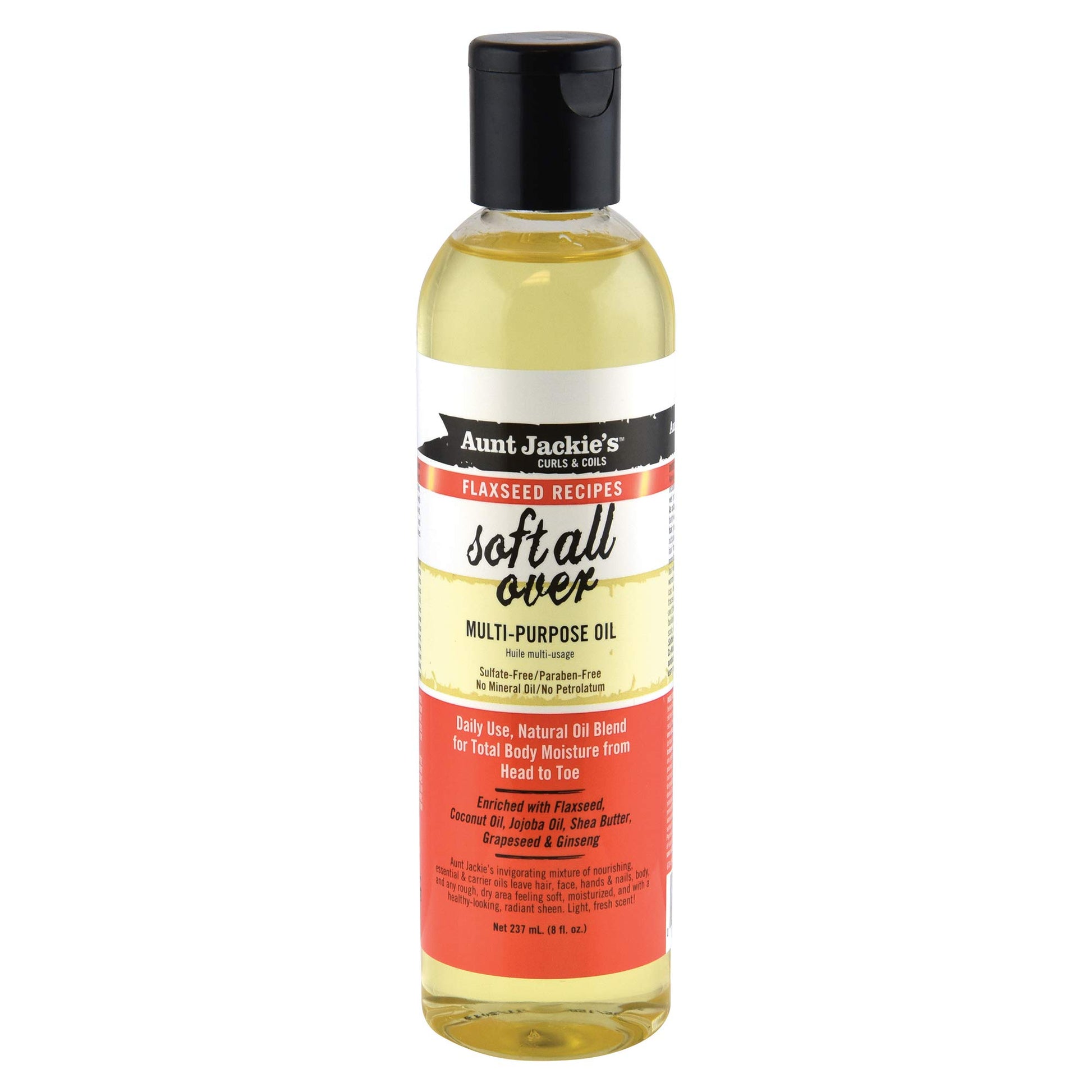 Aunt Jackie's Flaxseed Recipes Soft All Over, Multi-Use Oil for Hair and Body, Enriched with Flaxseed, Avocado, Coconut Oil and Marshmallow Root, 8 Ounce Bottle