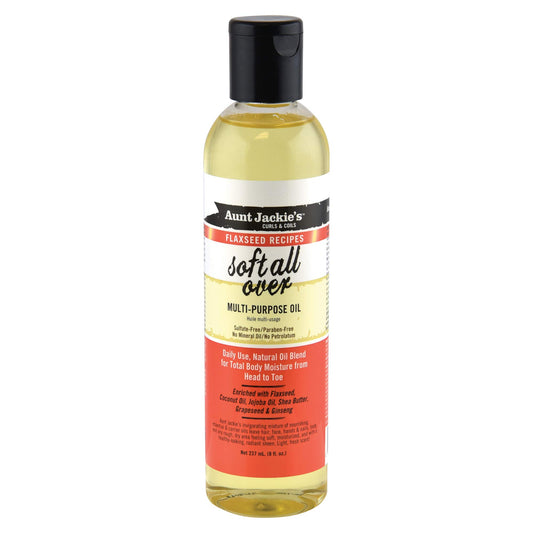 Aunt Jackie's Flaxseed Recipes Soft All Over, Multi-Use Oil for Hair and Body, Enriched with Flaxseed, Avocado, Coconut Oil and Marshmallow Root, 8 Ounce Bottle