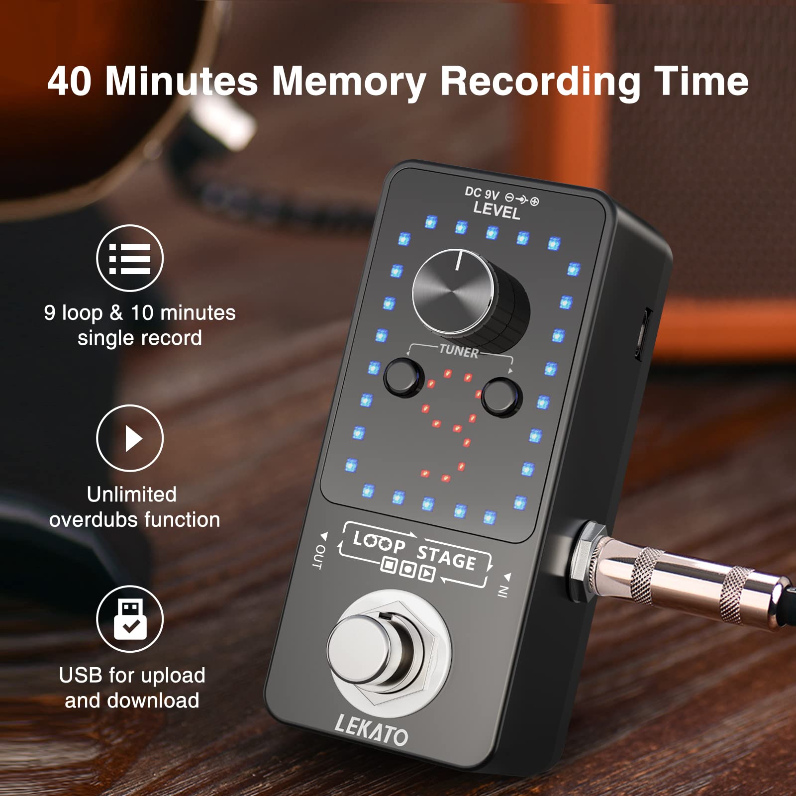 LEKATO Pedal de efecto de pedal de guitarra con función de sintonizador, bucles de pedal de bucle 9 bucles de 40 minutos de tiempo de grabación con cable USB y adaptador de fuente de alimentación de pedal de 9 V 0.6 A