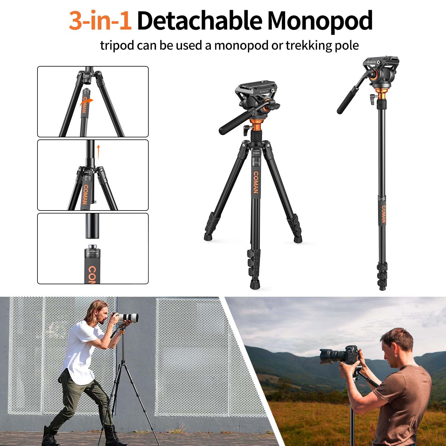 Cámara Profesional trípode de vídeo Monopode, Cabeza fluida de 72 Pulgadas, Placa QR Compatible con la Cámara SLR dji RS Gimbal manfrotto Canon Nikon para 17,6 Libra
