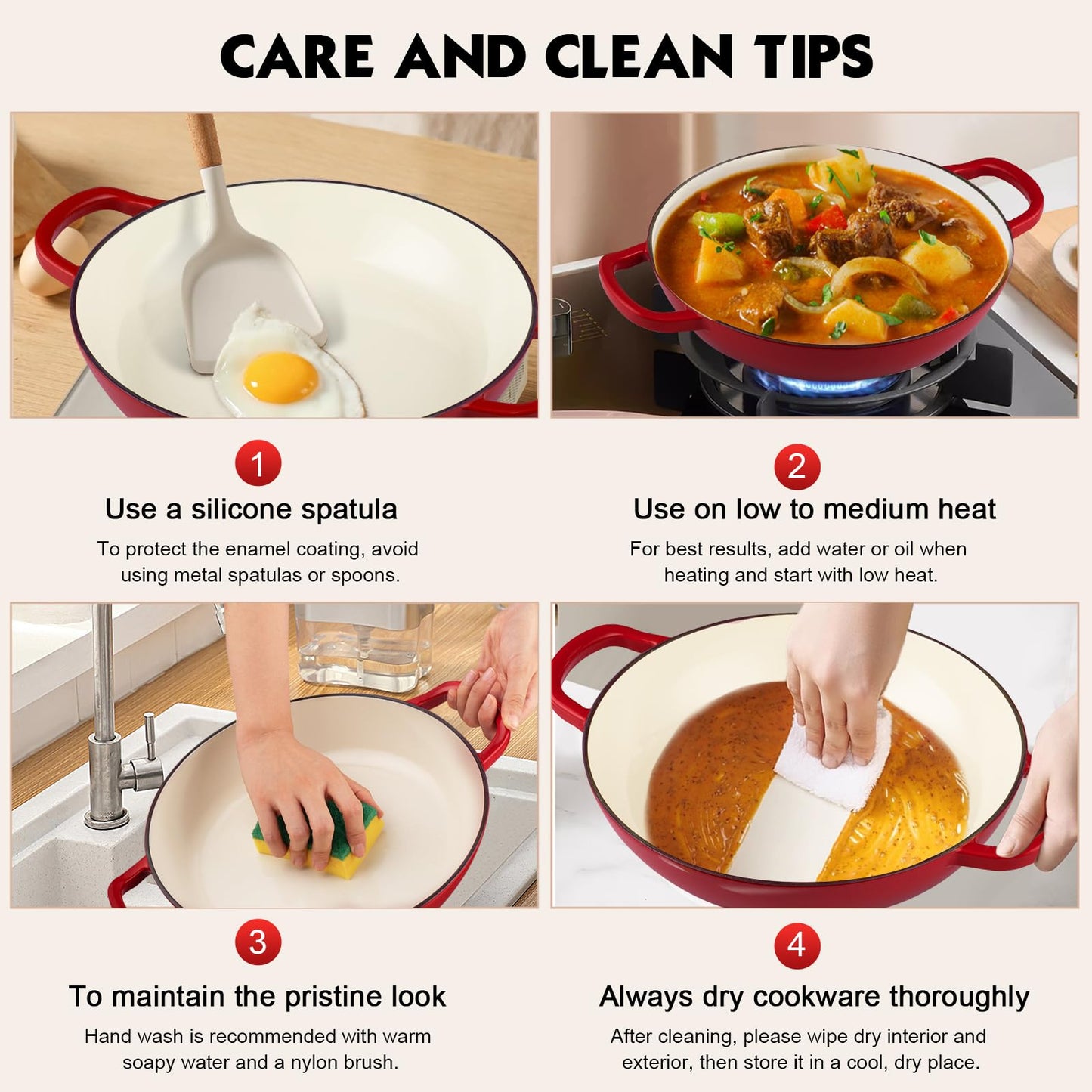 Overmont - Utensilios de cocina esmaltados de hierro fundido con libro de cocina y tapa, olla de horno holandés de 3.2 cuartos con revestimiento de esmalte para estofar, guisos, asar, hornear pan