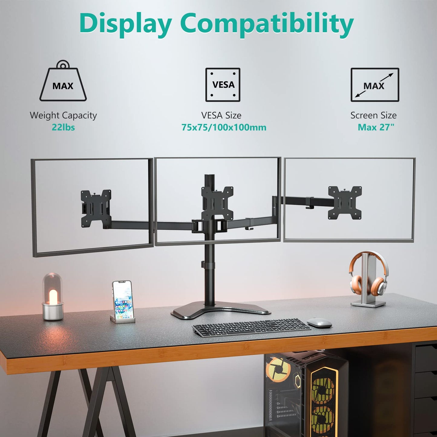 Soporte para Monitor Triple WALI Negro con Inclinación y Rotación para Escritorio