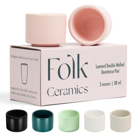 Folk Ceramics Leonard Tazas de café expreso de cerámica | Modernas tazas apilables demitasse para espresso, paredes gruesas, sin mango, duraderas, aptas para lavaplatos y microondas, juego de 2, 3