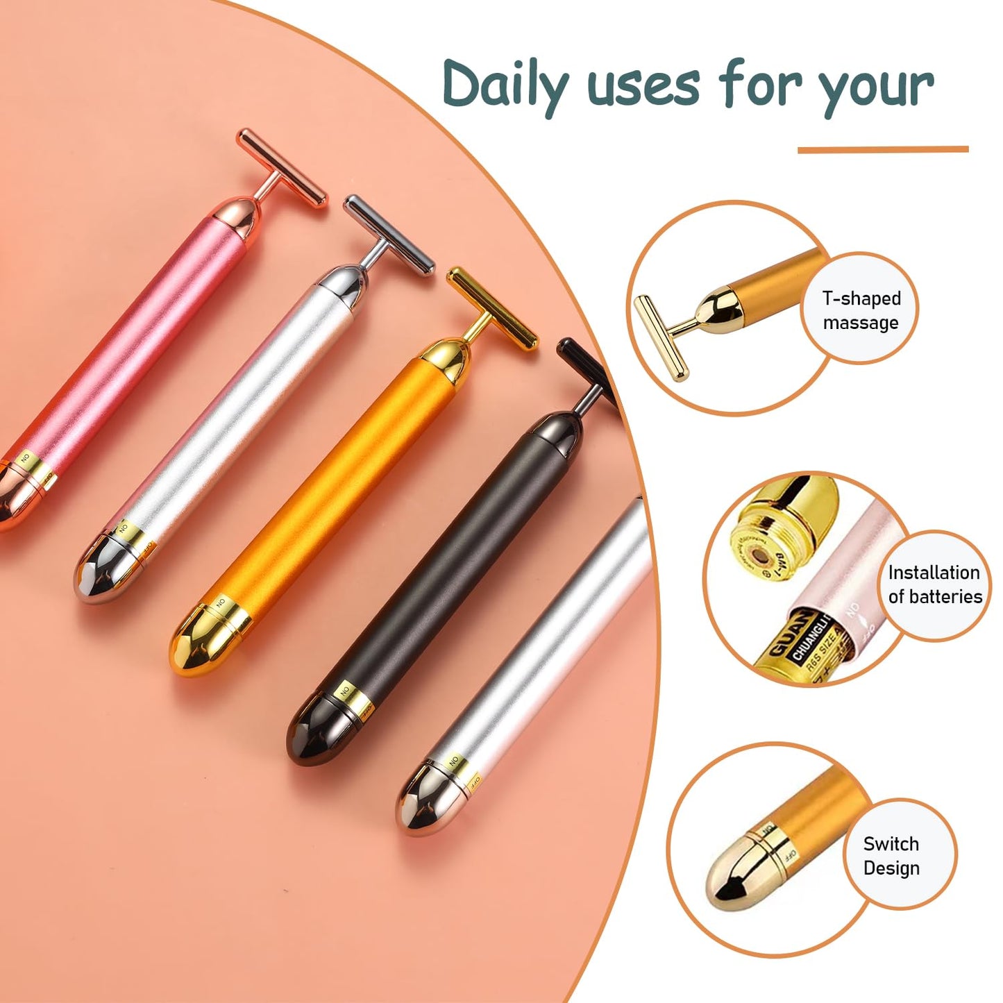 AMZVEZO Beauty Bar masajeador facial de oro de 24 quilates, herramienta en forma de T para el cuidado de la piel con diseño ergonómico (gris)