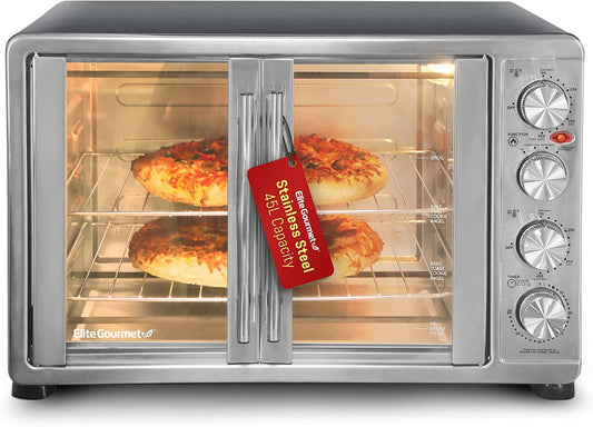 Elite Gourmet ETO4510B - Horno tostador de convección de doble puerta francesa, 4 perillas de control, para hornear asador de tostadas para mantener el calor de 14 pulgadas, incluye 2 estantes …