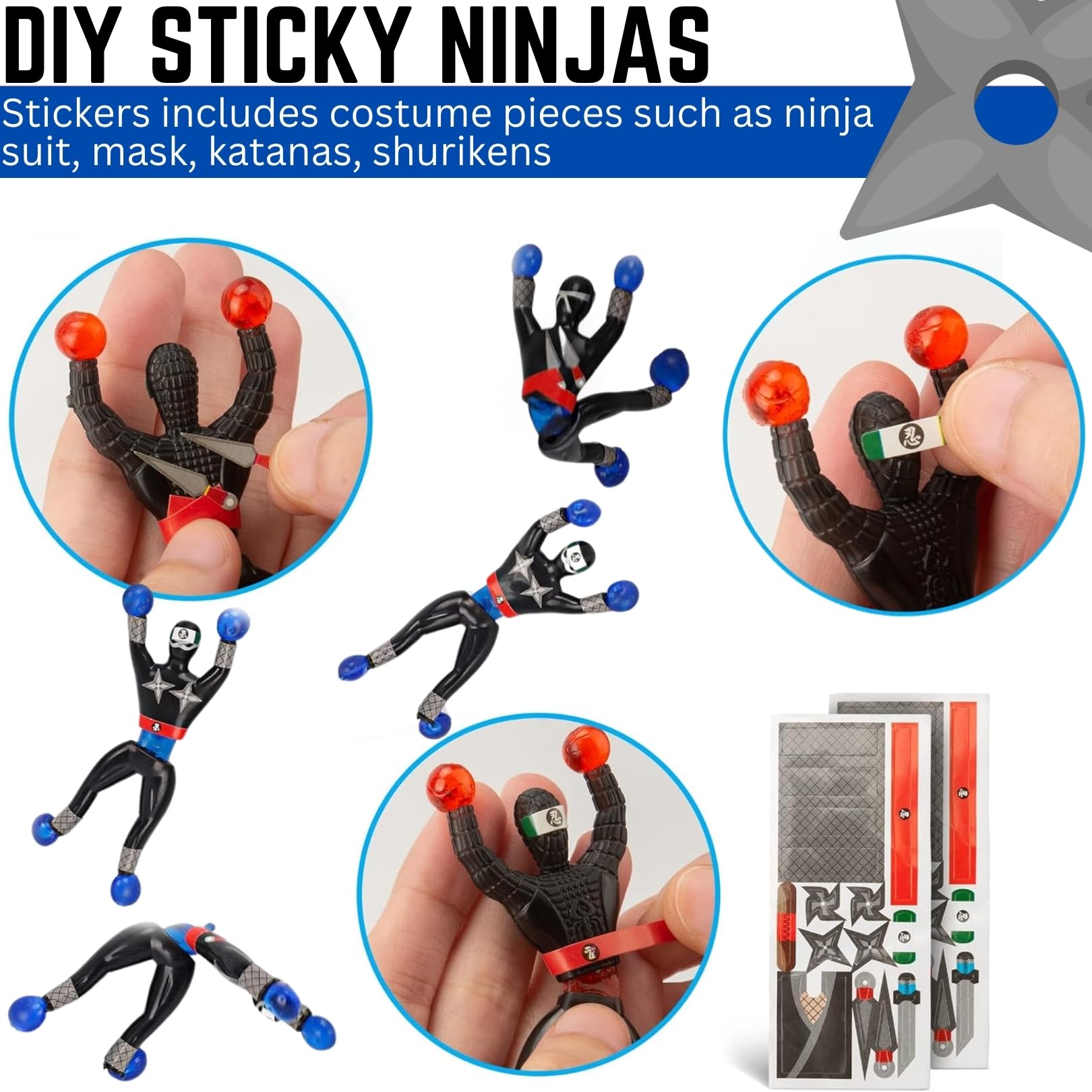 Liberty Imports Ninjas adhesivas para escalar en la pared con calcomanías de disfraces de bricolaje, escaladores elásticos para ventanas, recuerdos de fiesta, juguetes novedosos, para escalar, hombres rodantes para niños (paquete de 24)