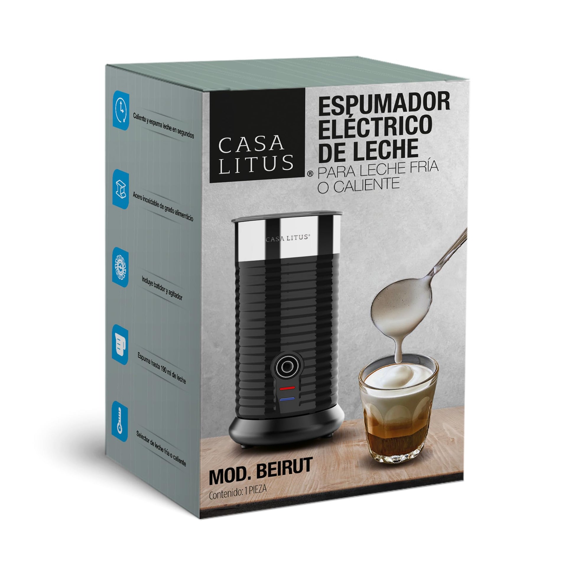 CASA LITUS Espumador de Leche Eléctrico Profesional de Acero Inoxidable (190 ml), Calienta y Espuma en Segundos, Batidora para Capuchino, Latte, Matcha y Chocolate, Leche Caliente y Fría, Mod. Beirut
