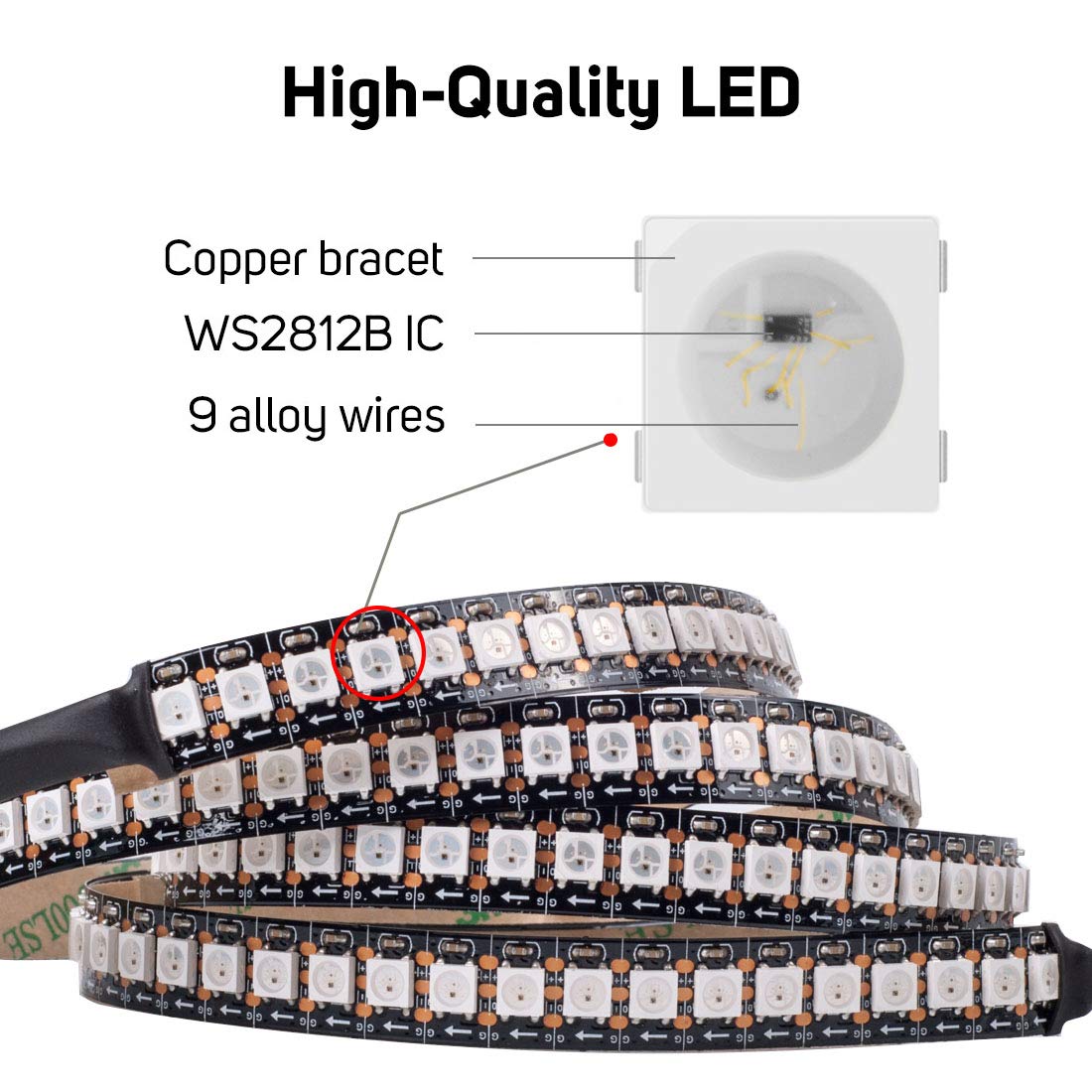 BTF-LIGHTING WS2812B - Tira LED RGB ECO, efectos de persecución 5050SMD direccionable individualmente 3.3 pies, 144 (2 x 72) píxeles/m, color de sueño flexible IP30 para proyectos de bricolaje de