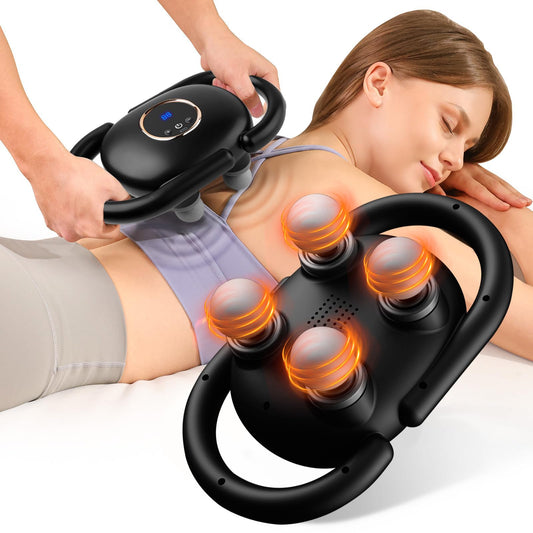 Pistola de Masaje de 4 Cabezales Masajeador de Percusión de Tejido Profundo 20 y 6 Modos de Masaje Masajeador de Cuerpo Completo con Temporizador para Aliviar el Dolor de Espalda Piernas y Cuello (Negro) para Familiares y Amigos
