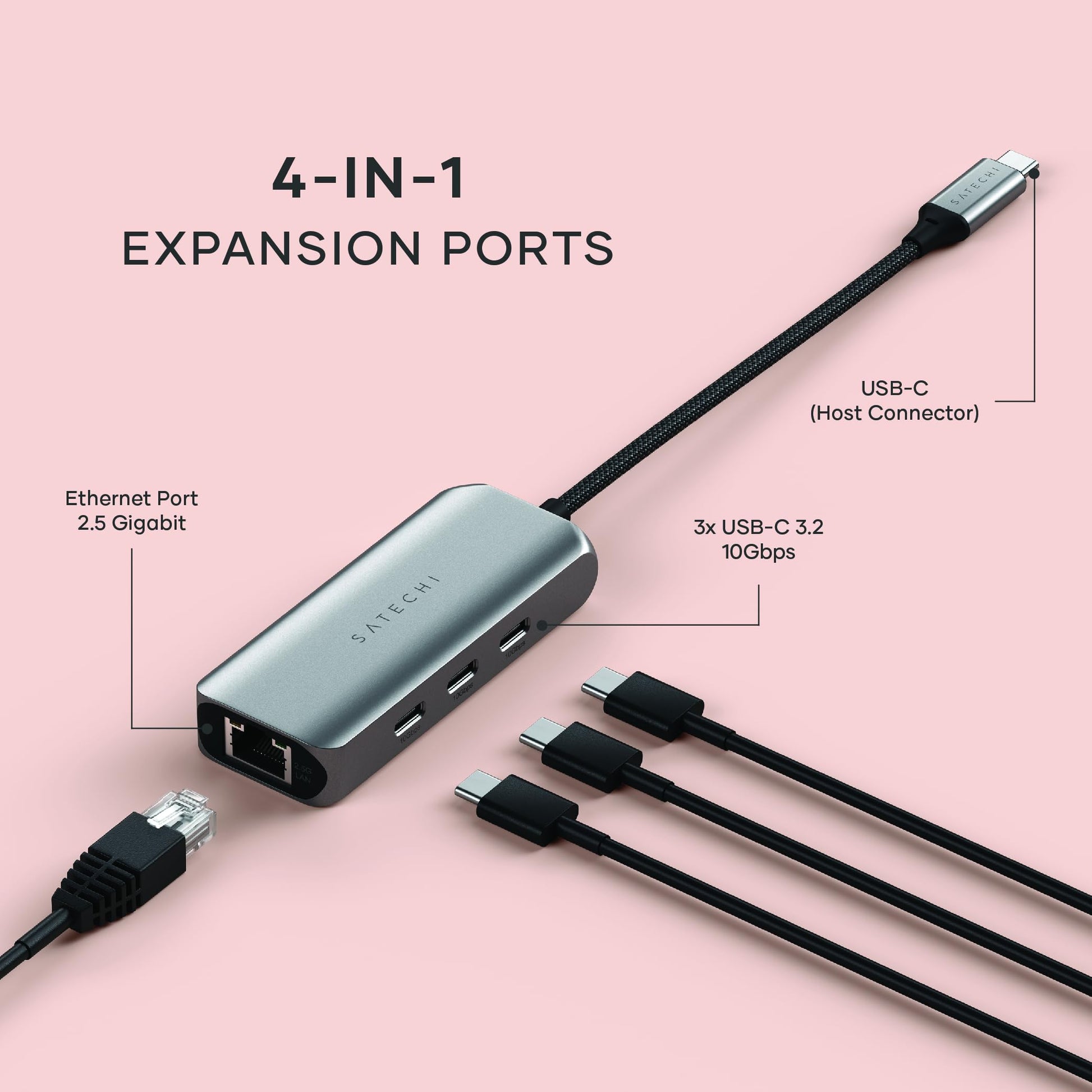 Adaptador Ethernet USB C SATECHI Plateado 4 en 1 con Velocidad de 2.5 Gigabit y 3 Puertos USB C 3.2 para Mac, iPad, Windows, Android, Chrome