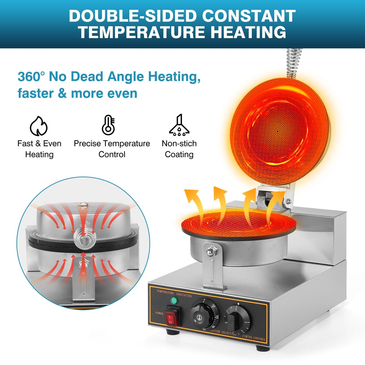 IRONWALLS - Máquina para hacer conos de gofres, de acero inoxidable de 110 V 1200 W con bandeja antiadherente para hornear de 8.3 pulgadas, control de temperatura y tiempo para restaurante
