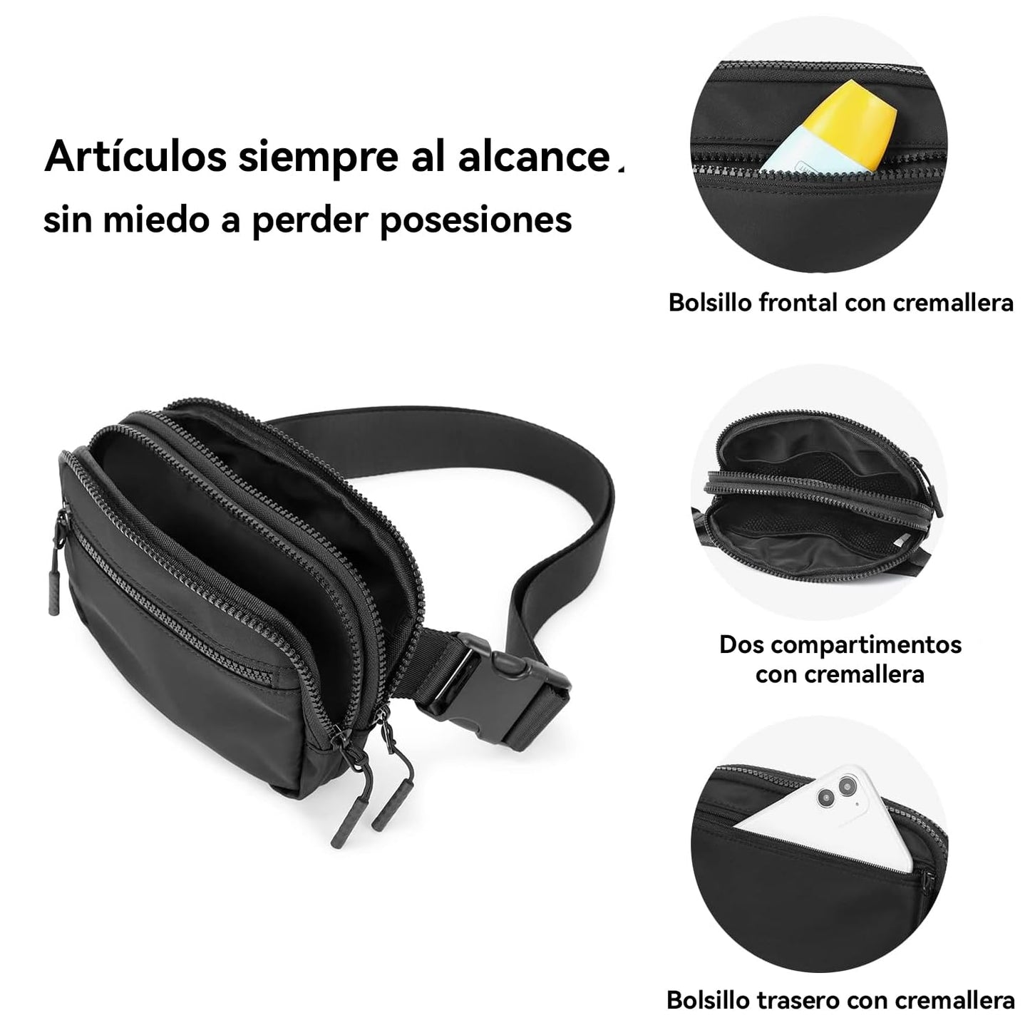 CXJYSD Riñonera de moda casual para hombres y mujeres,correa de hombro ajustable multifuncional,bolso cruzado con 4 bolsillos con cremallera, adecuado para hacer ejercicio,correr (negro-02)