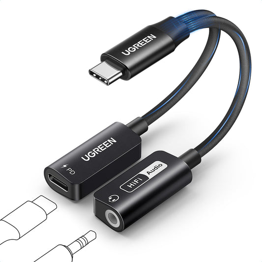 Adaptador USB C UGREEN 60W PD Magnético para Auriculares en Negro, Carga Rápida y Hi-Res 32bit/384kHz