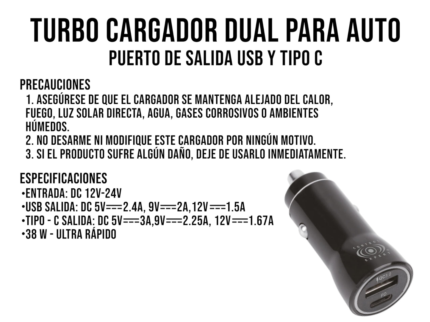 CONTROL EXPERT Turbo Cargador USB y Tipo C para Auto 38W Ultra Rápido (Negro)