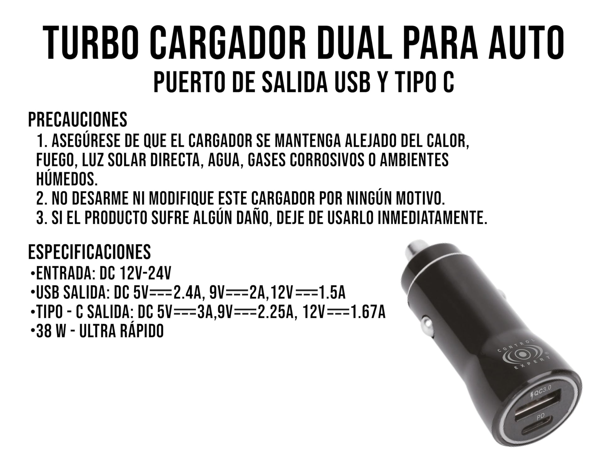 CONTROL EXPERT Turbo Cargador USB y Tipo C para Auto 38W Ultra Rápido (Negro)