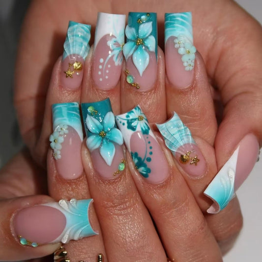 octoswave OCTOSWAVE Uñas postizas cuadradas francesas de larga duración con diseño floral 3D y dije dorado para mujer, 24 unidades