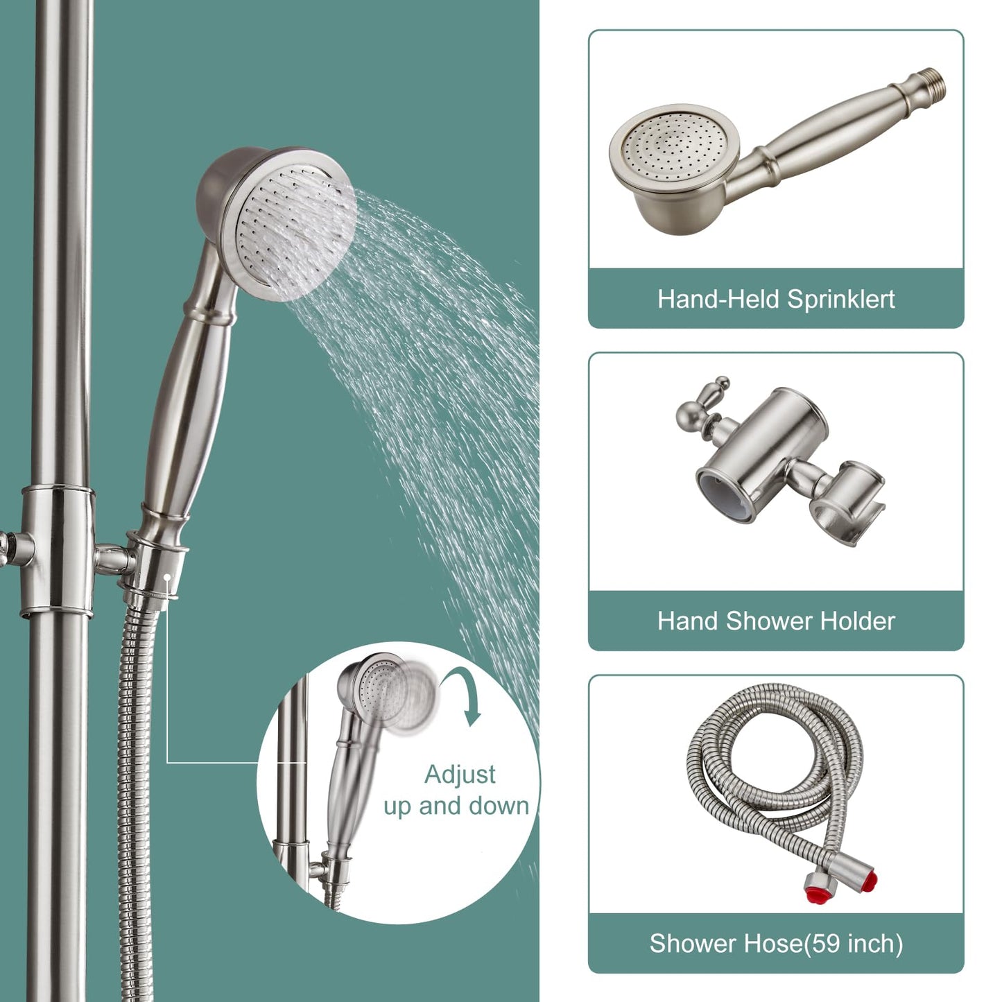 Heyalan - Sistema de ducha de tubo expuesto, níquel cepillado de 8 pulgadas, cabezal de ducha de lluvia, juego combinado de accesorios de latón de una sola manija con pulverizador de mano, barra