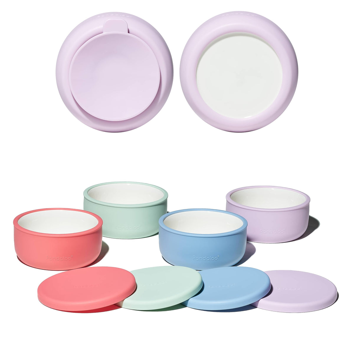 Pandaloo ® Juego de 4 cuencos de porcelana para niños con base de succión extraíble y tapa de silicona, cuencos no tóxicos para la alimentación de niños pequeños, aptos para microondas y lavavajillas,