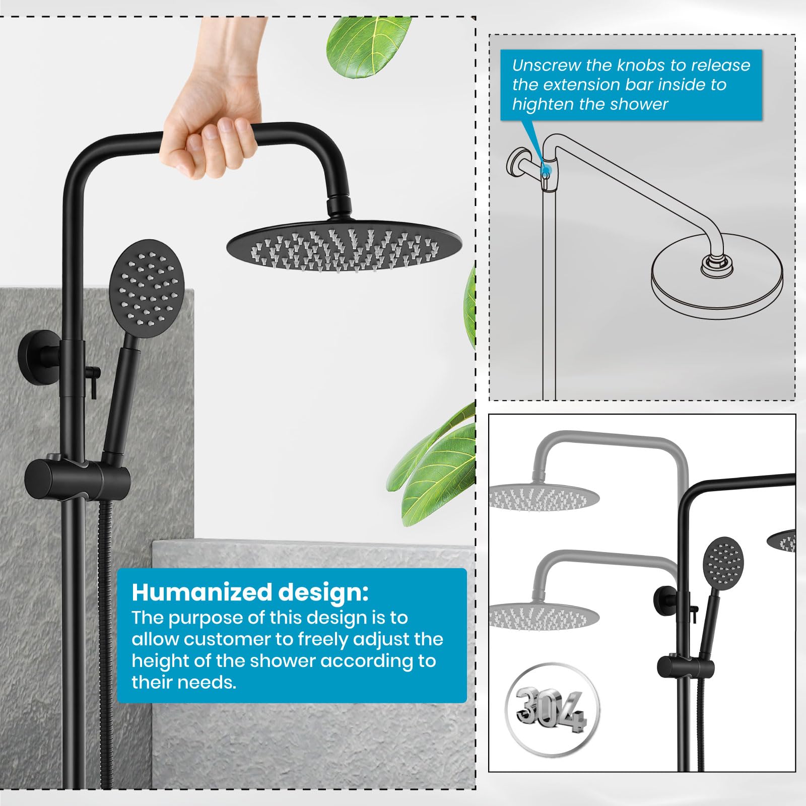 gotonovo SUS304 - Juego de accesorios de ducha para exteriores, sistema de ducha de lluvia de alta presión, montaje en pared, 2 cabezales de ducha de doble función de 8 pulgadas y rociador de mano