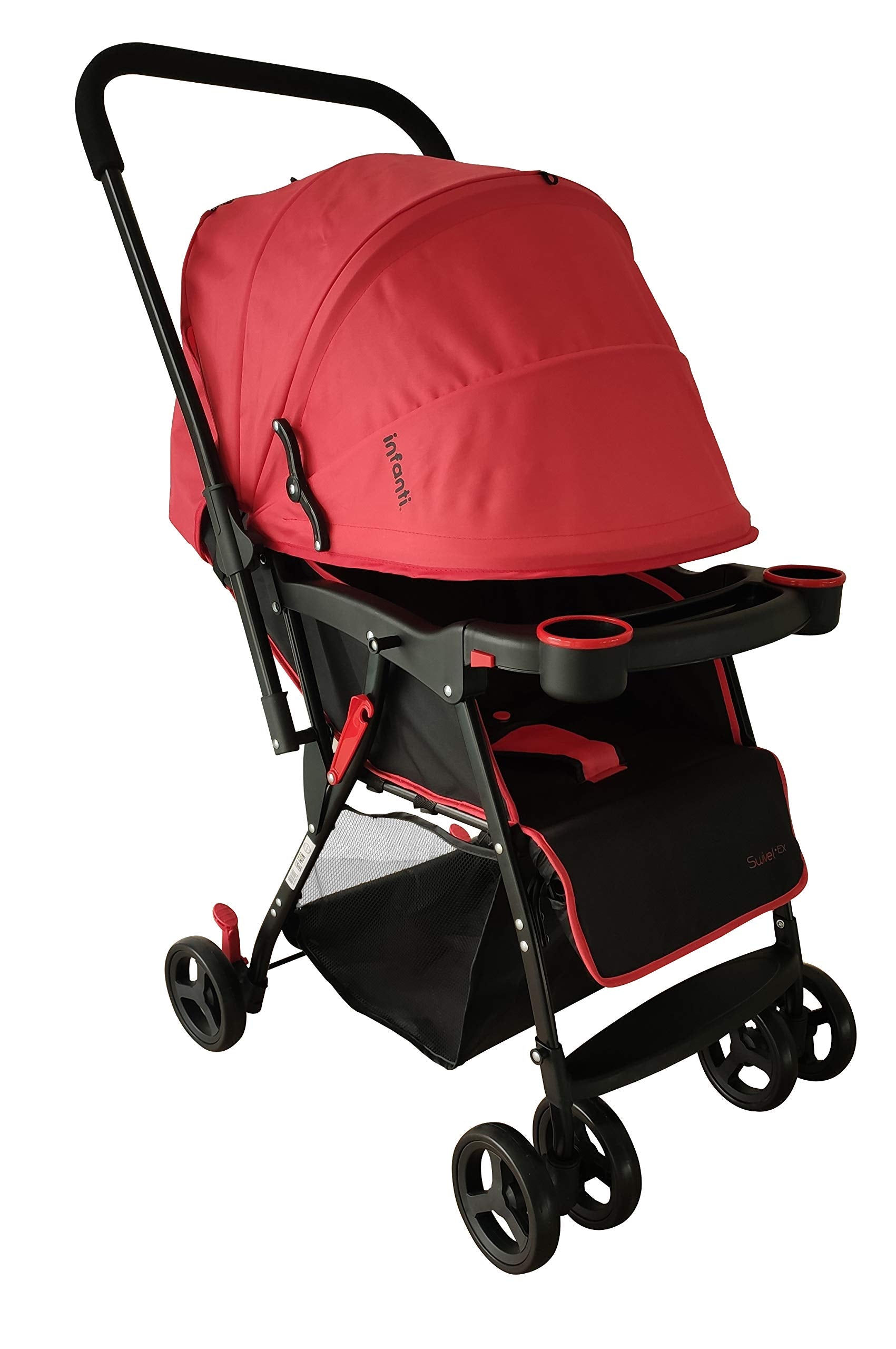 INFANTI | Carriola para Bebe SWIVEL Rojo | Carreola de viaje - Carriola de Viaje Plegable - Carrito para Bebe con Mango Reversible | Cosas para Bebes 6 Meses a 15kg | Incluye 2 Portavasos