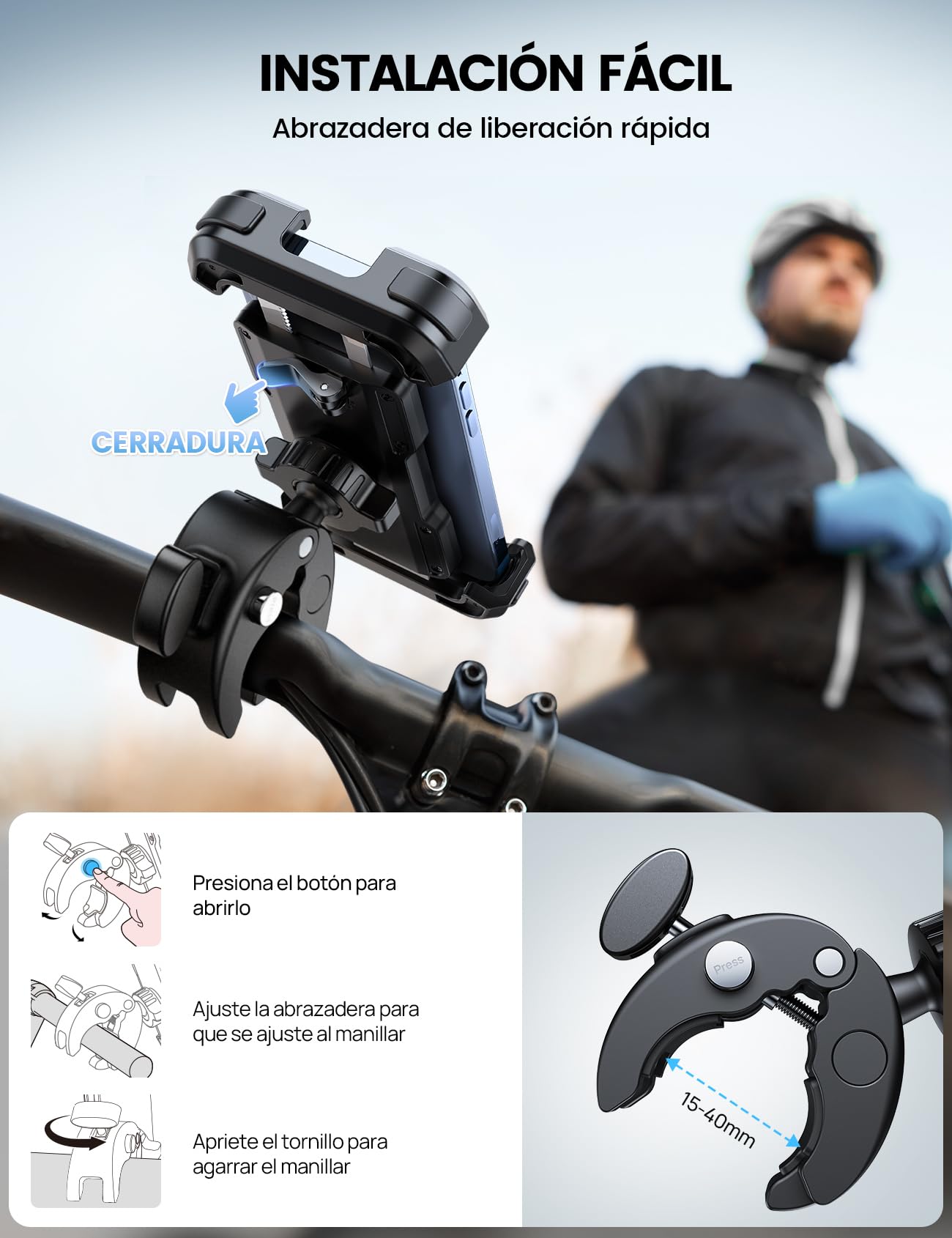 Lamicall Soporte Celular Motocicleta, Porta Celular Bicicleta - Soporte Celular Moto De Montaje Rápido Mejorado iPhone 15 14 13 12 11, Galaxy S23 y Teléfonos Celulares De 4.7 a 6.8 Pulgadas