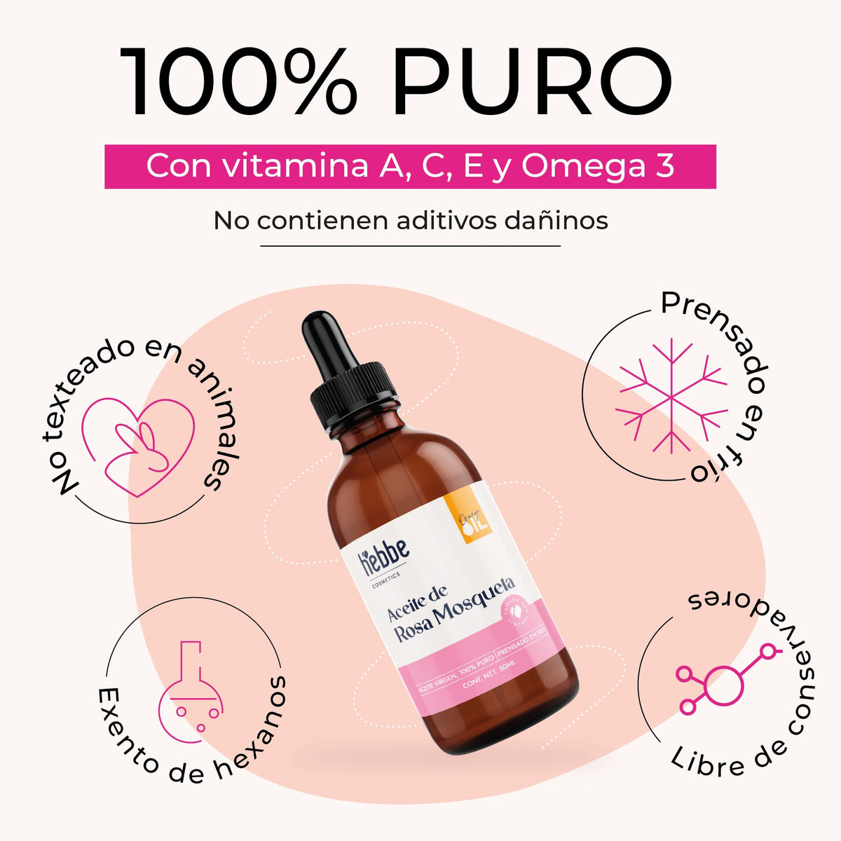 HEBBE | Aceite De Rosa Mosqueta 50 ml | Tratamiento Facial Antiedad y Reparador Cutáneo | Regenerador De Piel, Reduce Manchas, Ojeras y Estrías | Aceite Natural