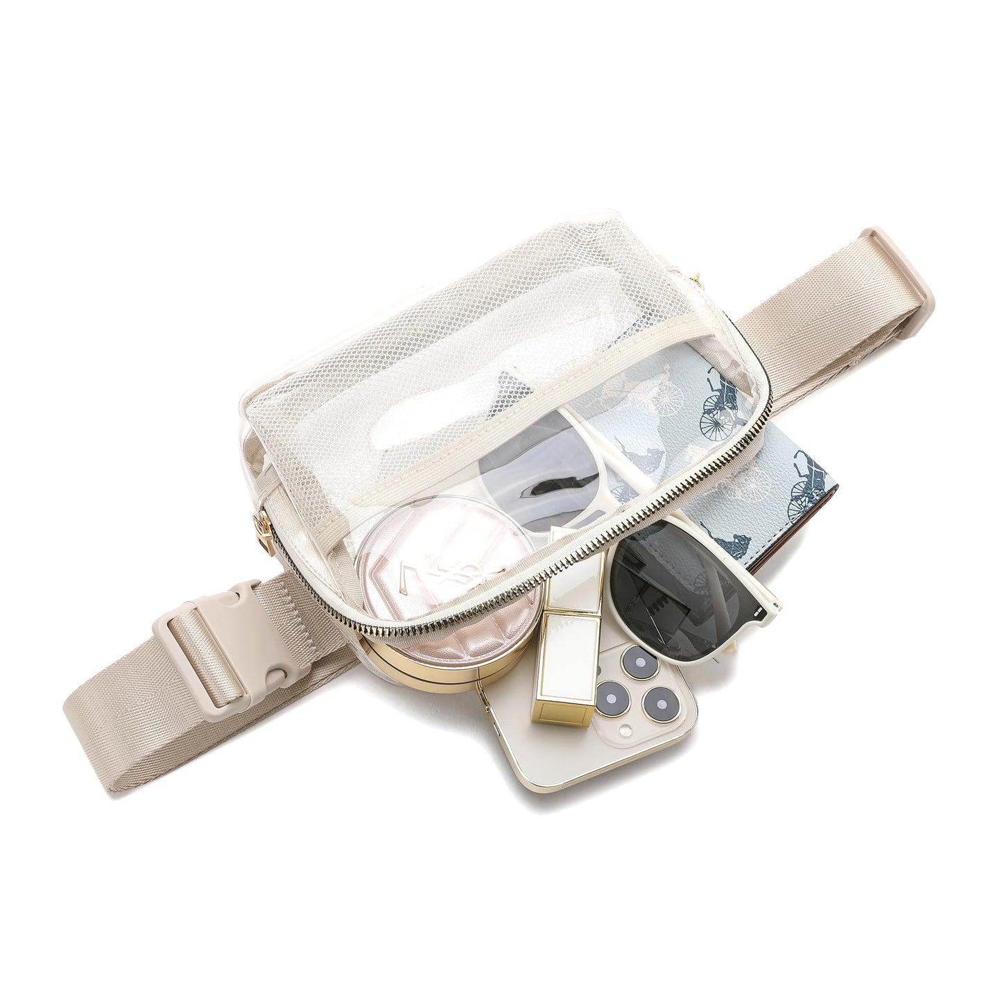 Riñonera Transparente Moda Beige con Correa Ajustable Pequeña para Mujeres y Hombres