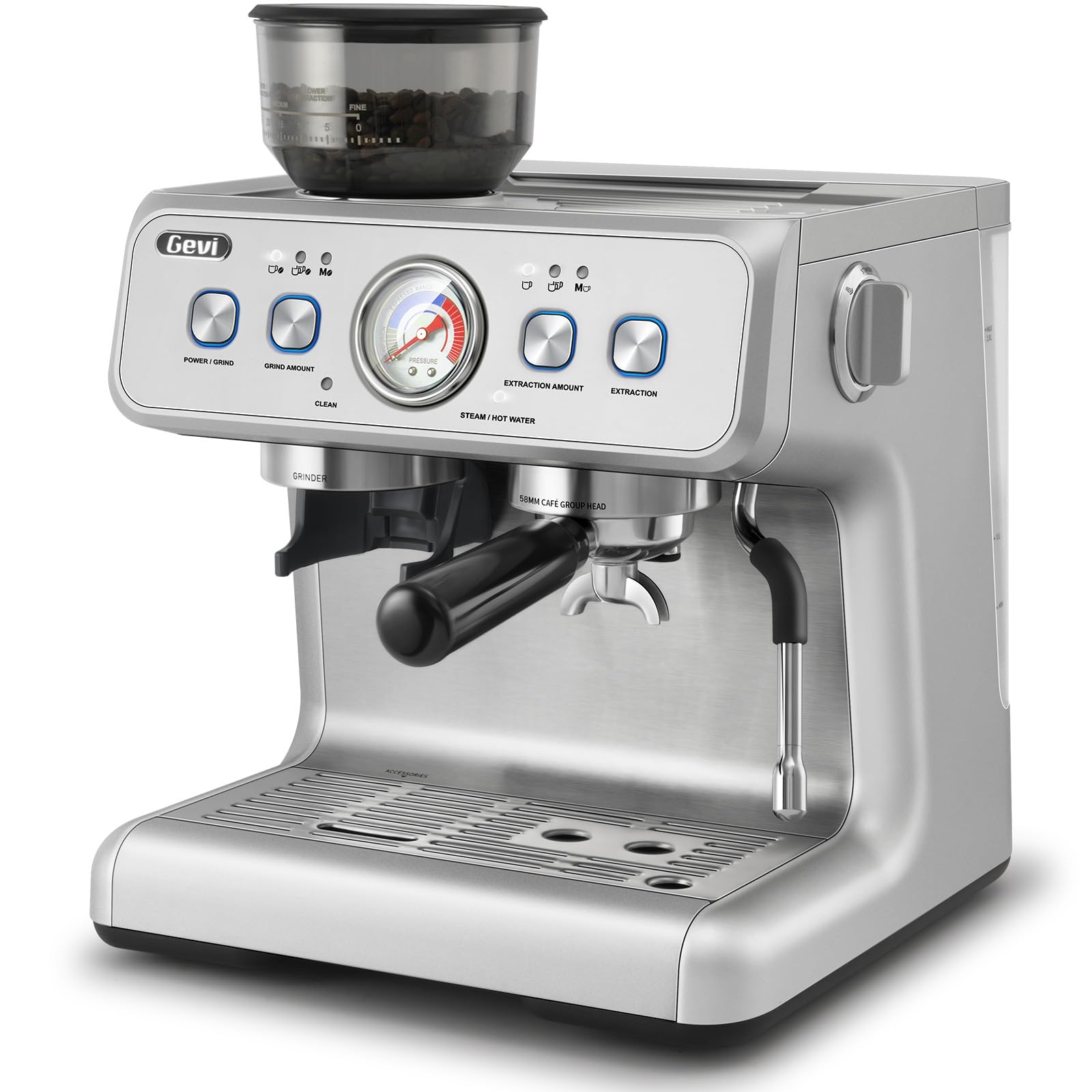 Gevi EzBru 2000 - Máquina espresso de doble caldera mejorada 2024 | Cabezal de grupo de 58 mm | Varita de vapor de nivel Barista | Molinillo integrado con 31 ajustes de tamaño | Carcasa completa de