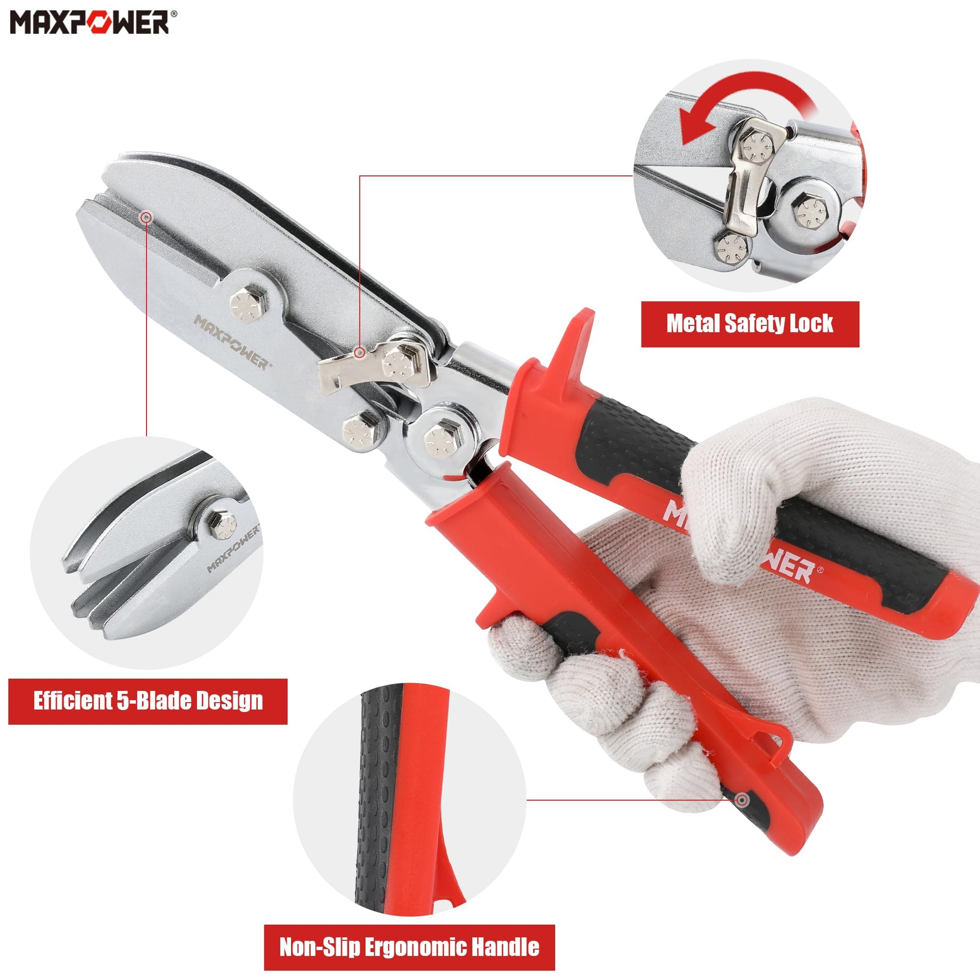 Crimpadora de chapa metálica MAXPOWER, crimpadora de tubos de 5 cuchillas, crimpadora manual de 9,8" para conductos de acero de calibre 24 y acero inoxidable de calibre 26, bajantes y tubos de estufa