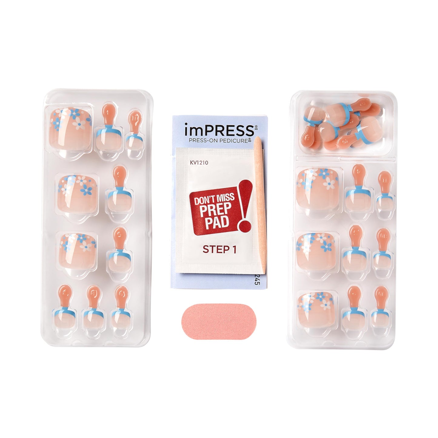 imPRESS Uñas postizas KISS sin pegamento para pedicura, diseño "Paradise Ticket", beige claro, tamaño corto, forma ovalada. Incluye 24 uñas, almohadilla de preparación, hoja de instrucciones, 1 palito