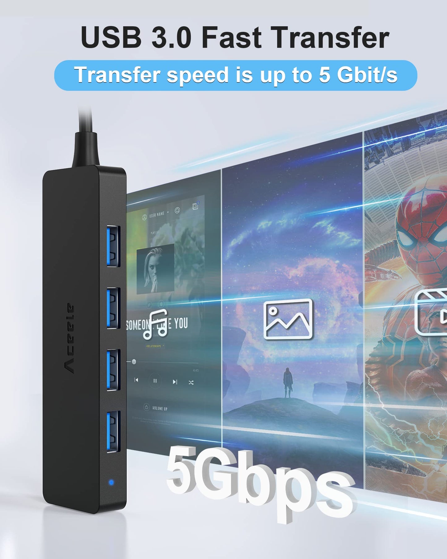 Hub USB Aceele Negro Ultrafino 5 en 1 Multiadaptador para PC, Laptop y Consolas