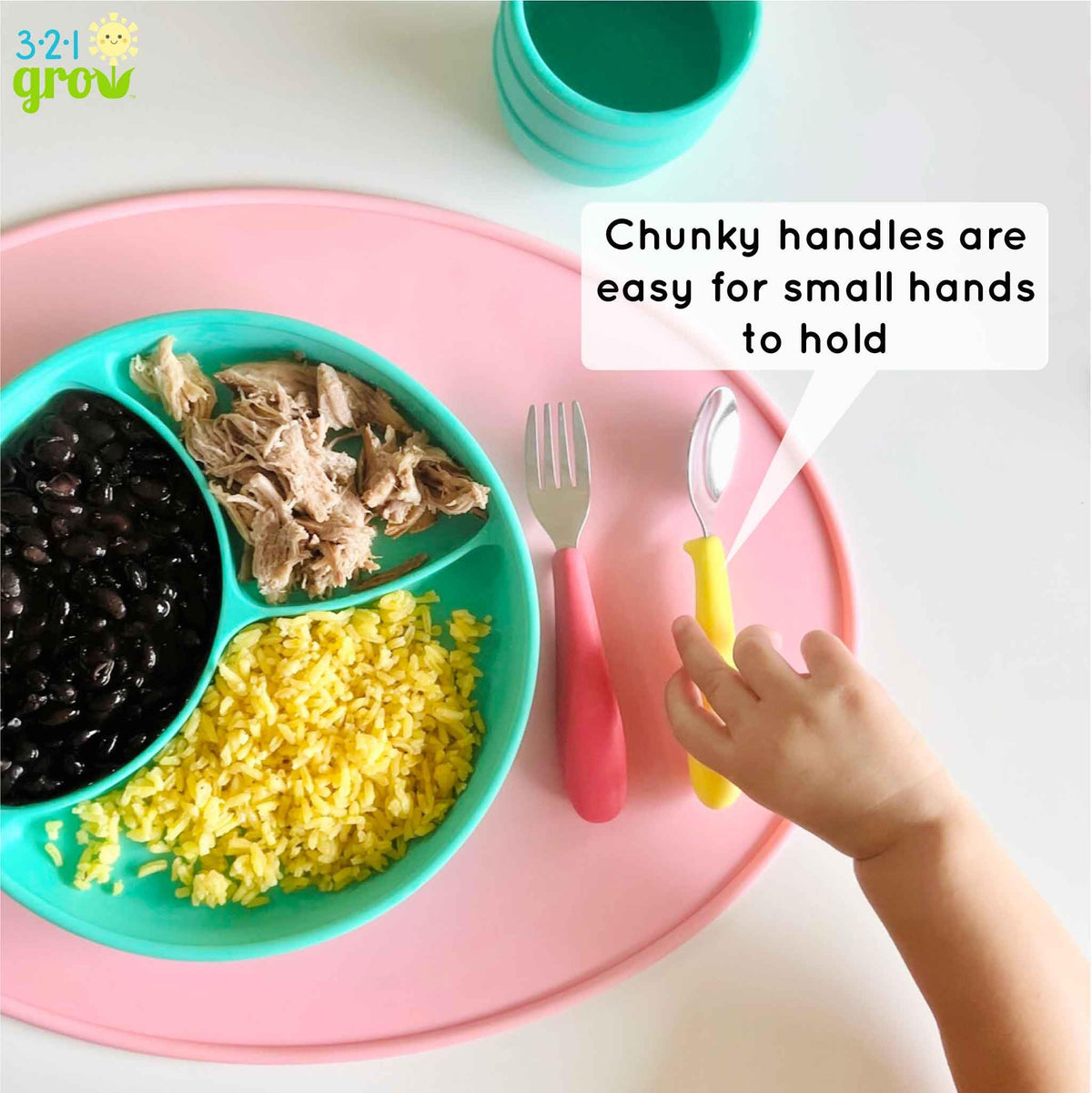 321 Grow • Juego de cuchara y tenedor Eat with Me • Utensilios seguros para niños y niños • Juego de 4 piezas • Acero inoxidable con mango de silicona • 12 meses + (medianoche)