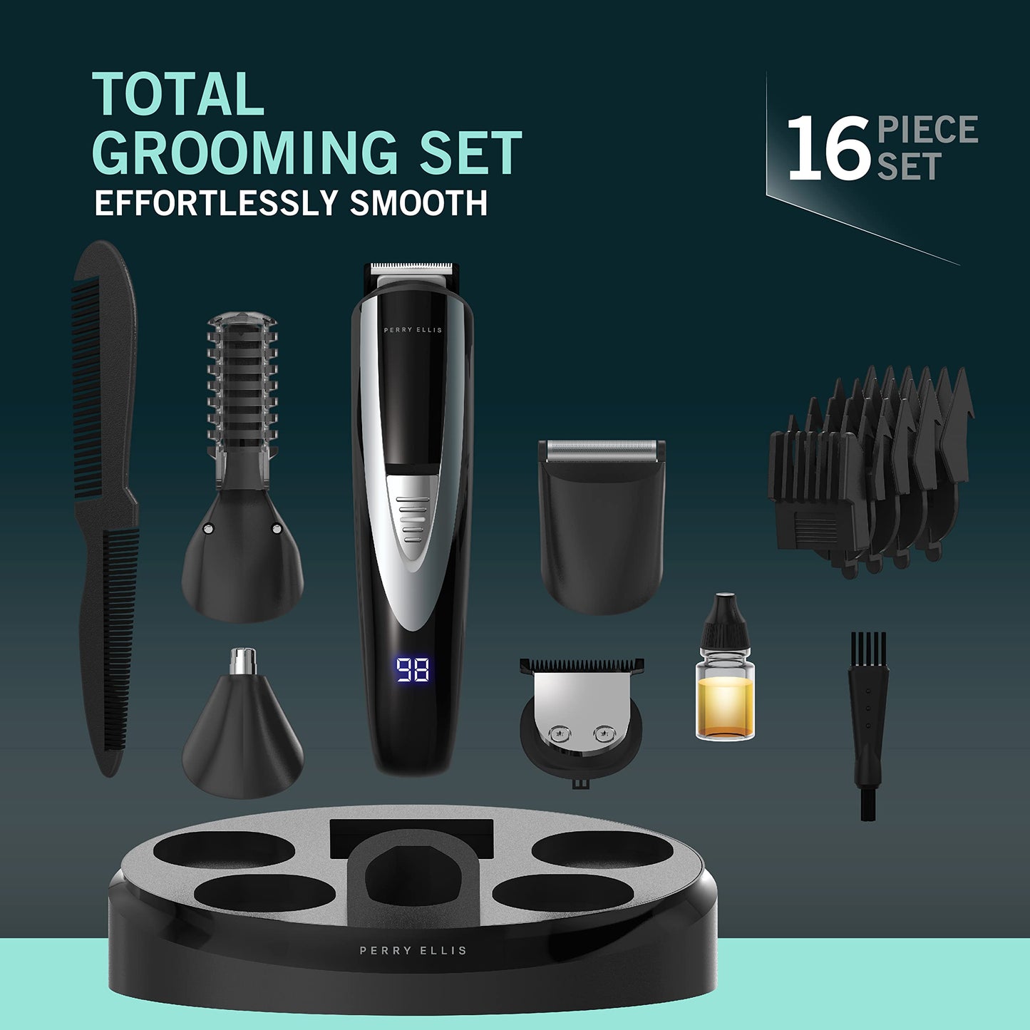 Perry Ellis - Kit de aseo múltiple todo en uno de 16 piezas | Recortadora de barba USB recargable para hombres | visualización LED y base de carga | Afeitadora inalámbrica para cabello, cuerpo, bigote, cara, nariz, oreja | Maquinilla eléctrica