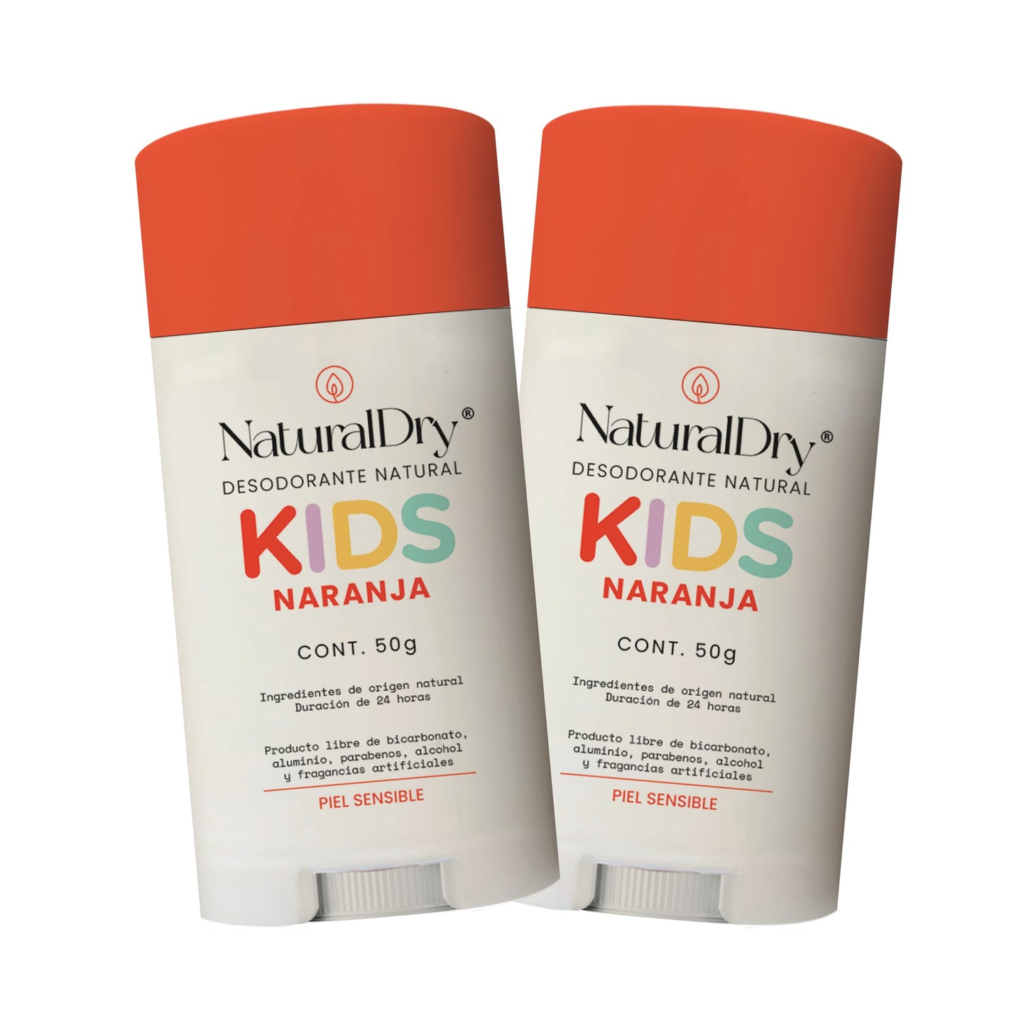 Naturaldry - 2 Kids Pack de desodorante infantil SIN BICARBONATO DE SODIO unisex Natural para niños - No obstruye los poros - SIN ALUMINIO - Sin parabenos - Aroma Naranja - Barra (2 unidades)