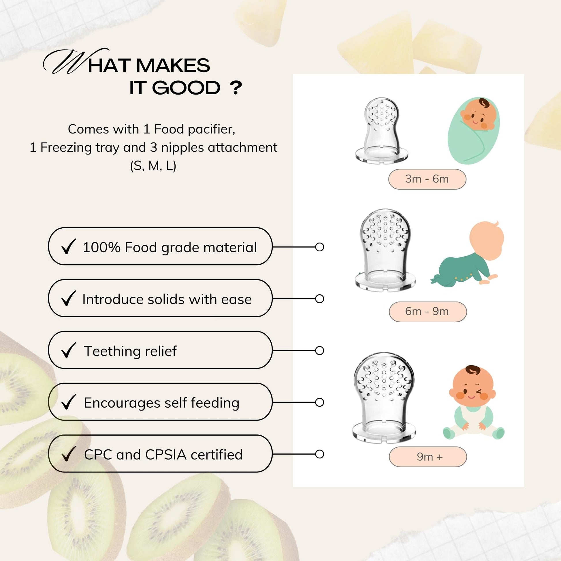 Cozinester - Chupete alimentador de alimentos y frutas para bebés con bandeja de congelación para preparación de lotes, chupete autoalimentable para bebés con 2 bolsas de silicona de diferentes