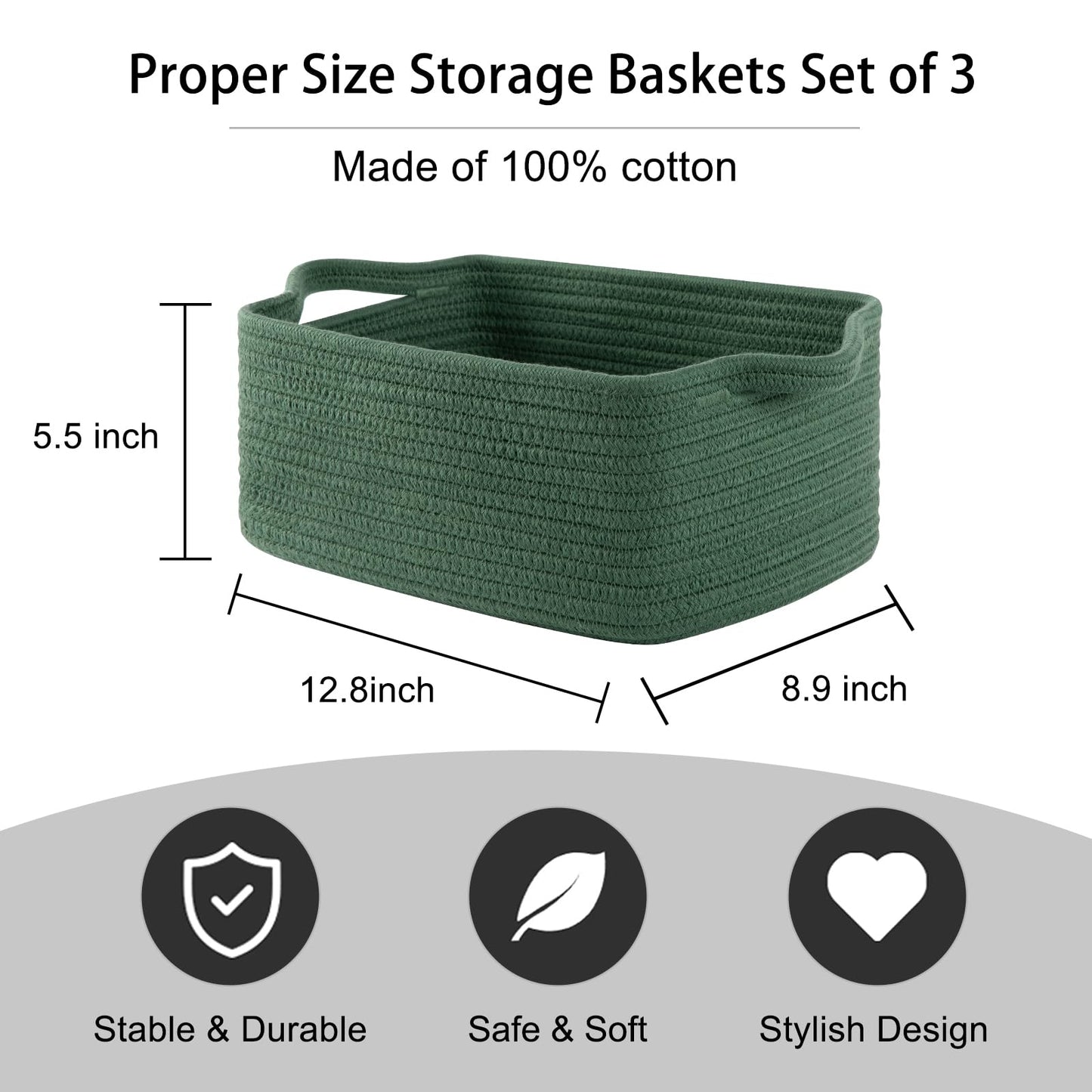 OIAHOMY - Cestas tejidas de cuerda de algodón para almacenamiento, cesta de almacenamiento rectangular para guardería con asas para estantes, paquete de 3, verde
