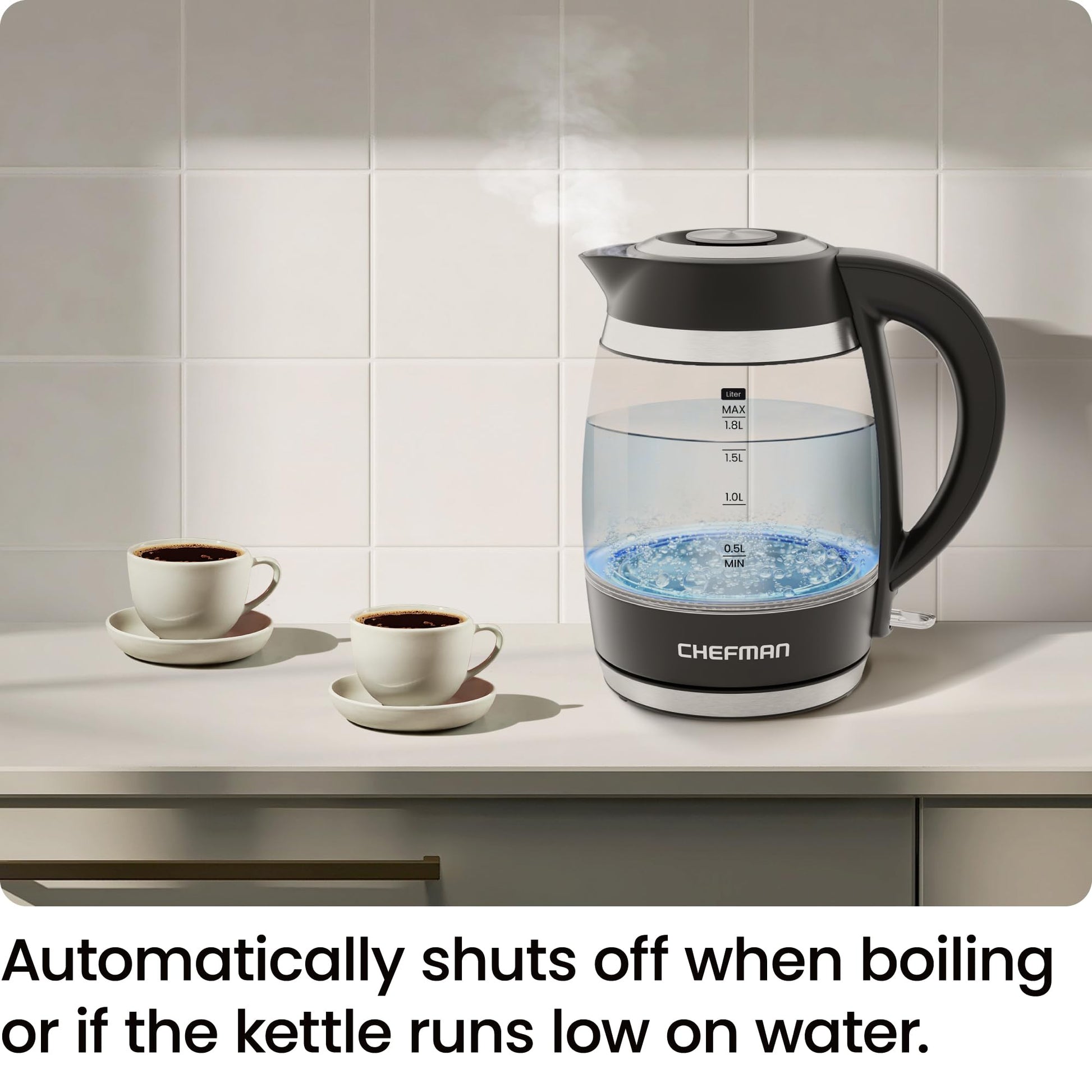 Chefman Hervidor eléctrico para agua hirviendo, 1.8L 1500W, agua caliente en 3 minutos, luces LED, apagado automático, protección de ebullición y secado, hervidor de té eléctrico de vidrio negro