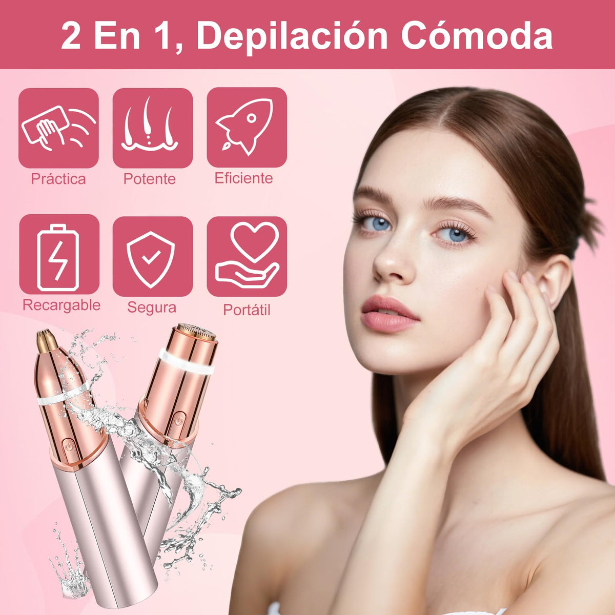 BALYSTOK Depiladora Facial Mujer Flawless con Luz LED, Sin Dolor, Portátil y Recargable, Removedor de Vello Facial para Labios, Cejas, Nariz, Barbilla, Bikini y Axilas, con 2 Cabezales de Repuesto y 1 Cepillo de Limpieza