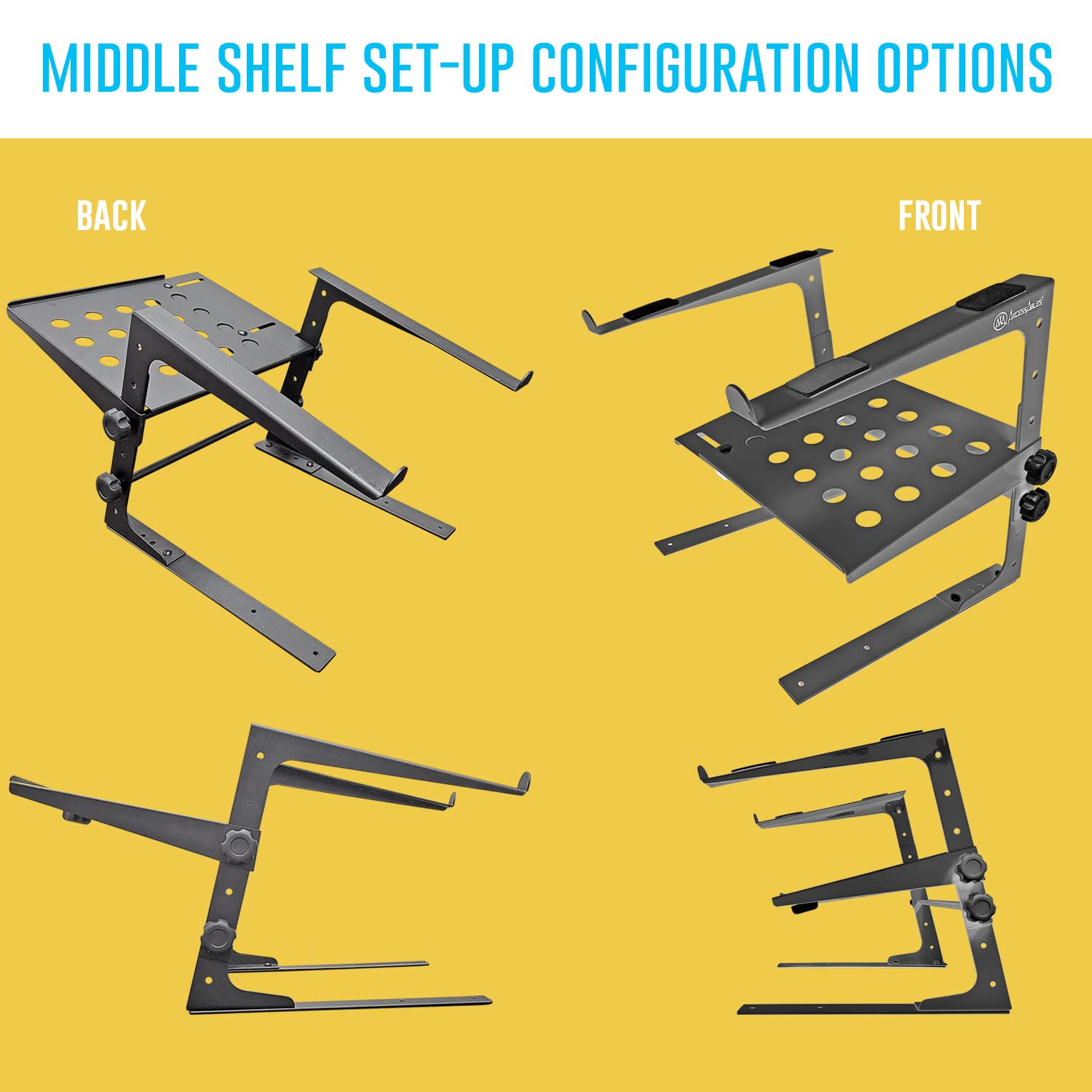 AxcessAbles - Soporte de DJ ajustable de dos niveles con abrazaderas | para controladores de DJ, mezcladores de música, portátiles de hasta 20 libras. | Soporte de driver de DJ compatible con