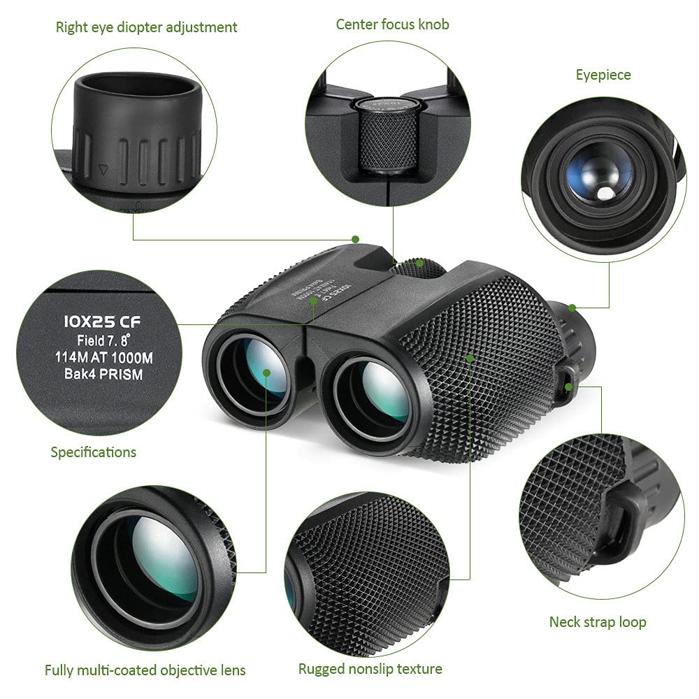 FUFENG Binoculares Plegables, Binoculares Prismáticos 10X25 con Alcance de Visión de hasta 1,000 Metros, Enfoque Manual para Senderismo, Campamento, Viajes, Caza, Conciertos (Negro)
